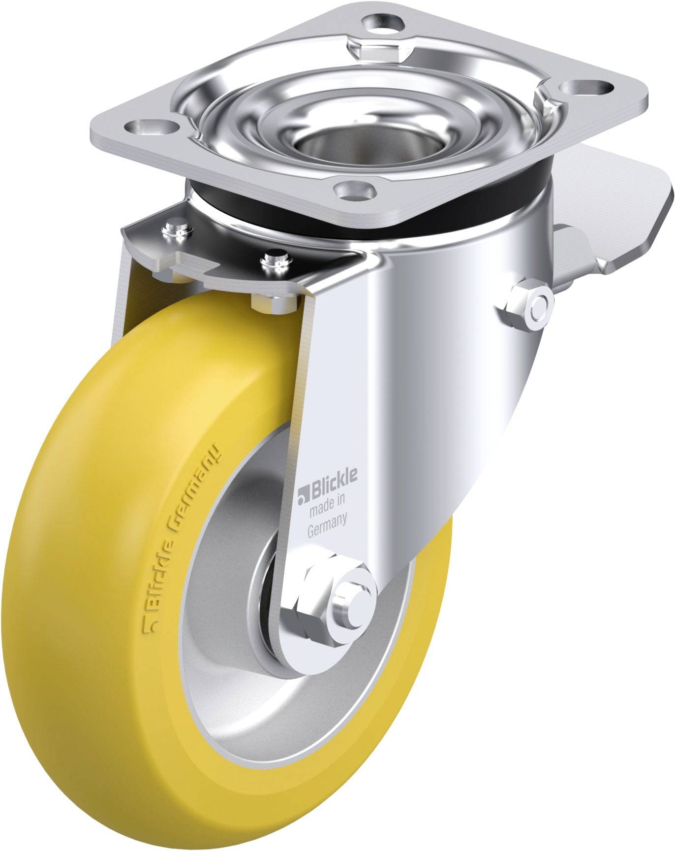 Ein gelbes Lenkrolle-Rad aus Kunststoff mit Metallgehäuse, geeignet für Transportwagen oder Möbel.