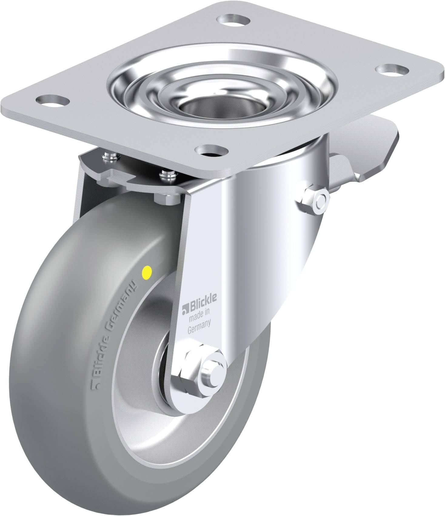 Drehbare Rolle mit grauem Gummirad und Metallhalterung, geeignet für Industriemöbel oder Geräte.