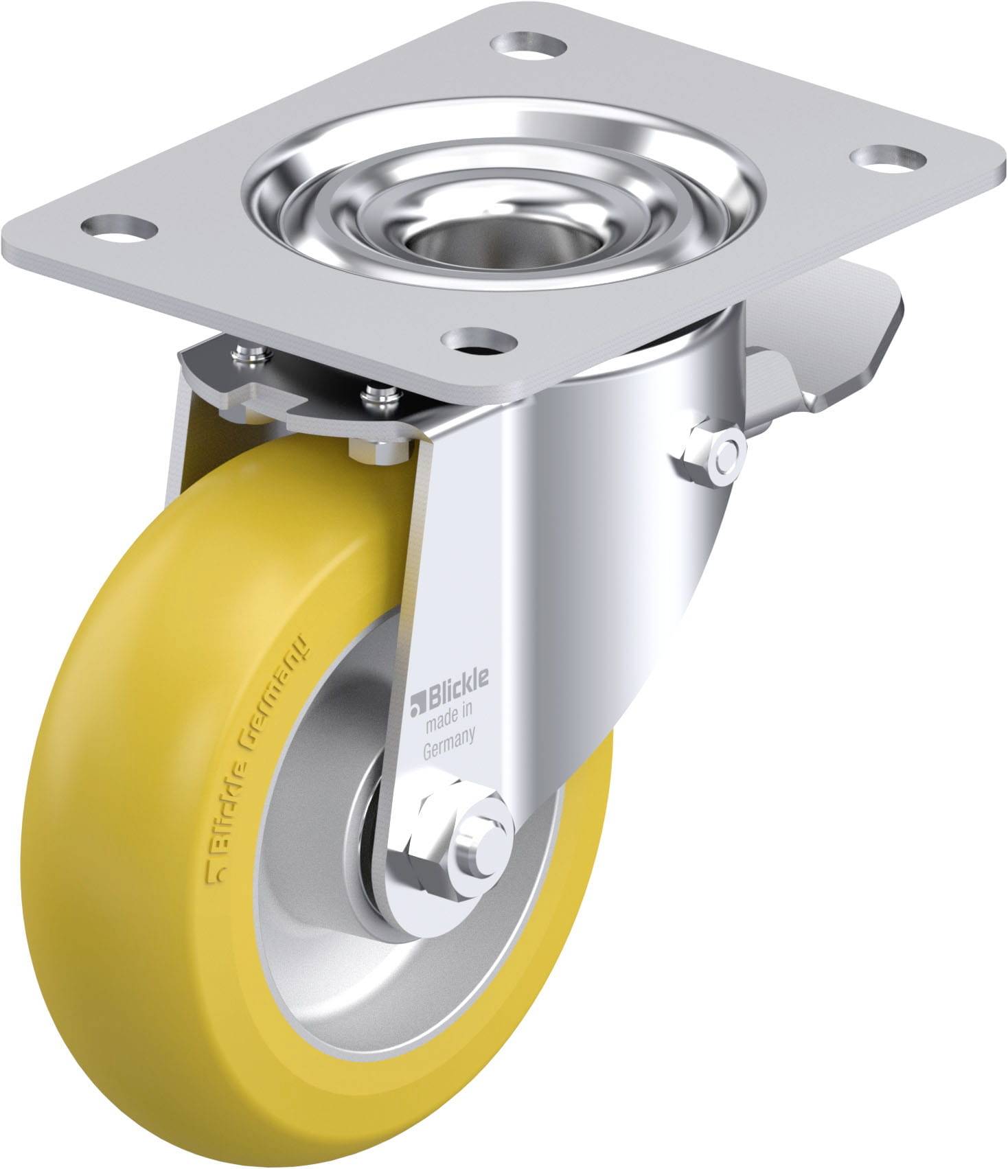 Die Abbildung zeigt ein drehbares Lenkrolle-Rad aus Metall und gelbem Gummi, geeignet für den Einsatz an Möbeln oder Industriegeräten.