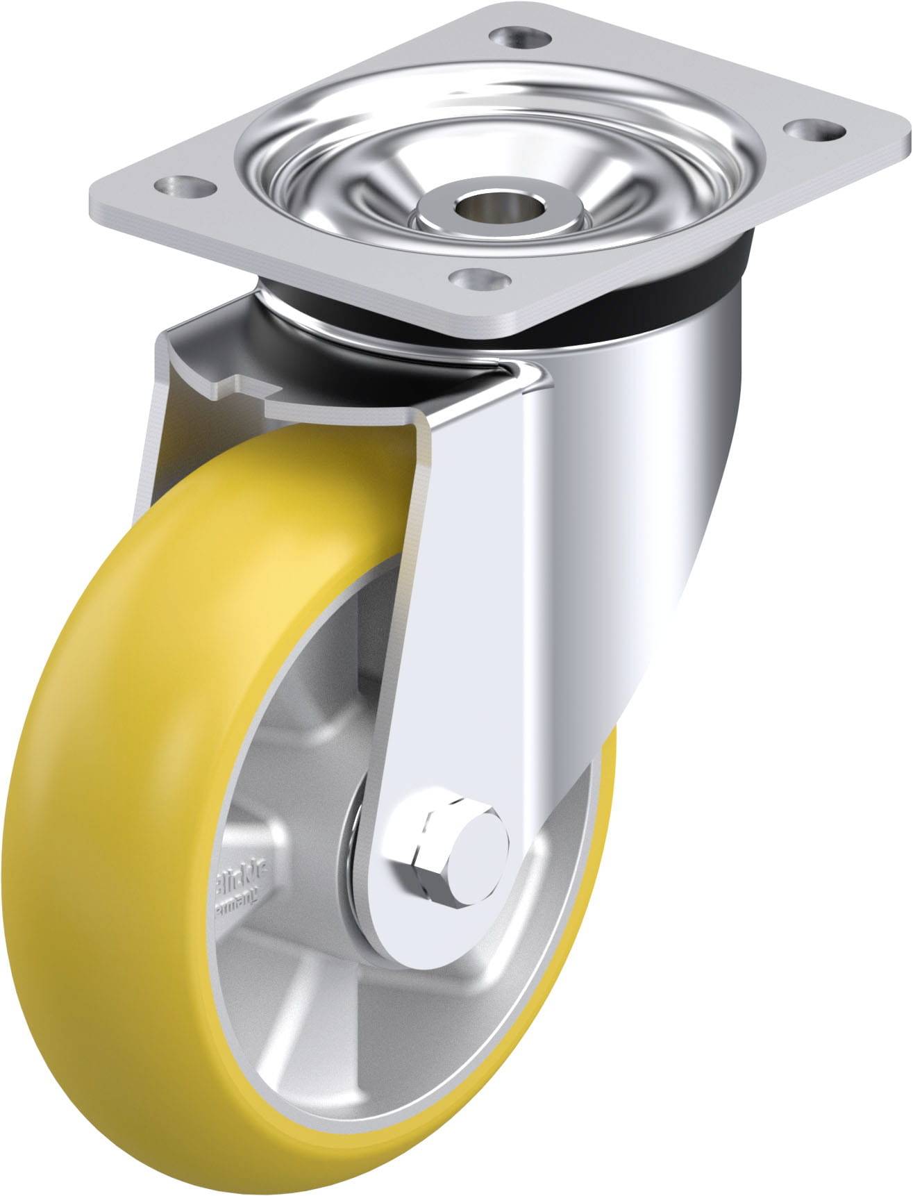 Gelbes Rollrad mit Metallgehäuse, geeignet zum Befestigen an Möbeln oder Geräten für einfache Bewegung.