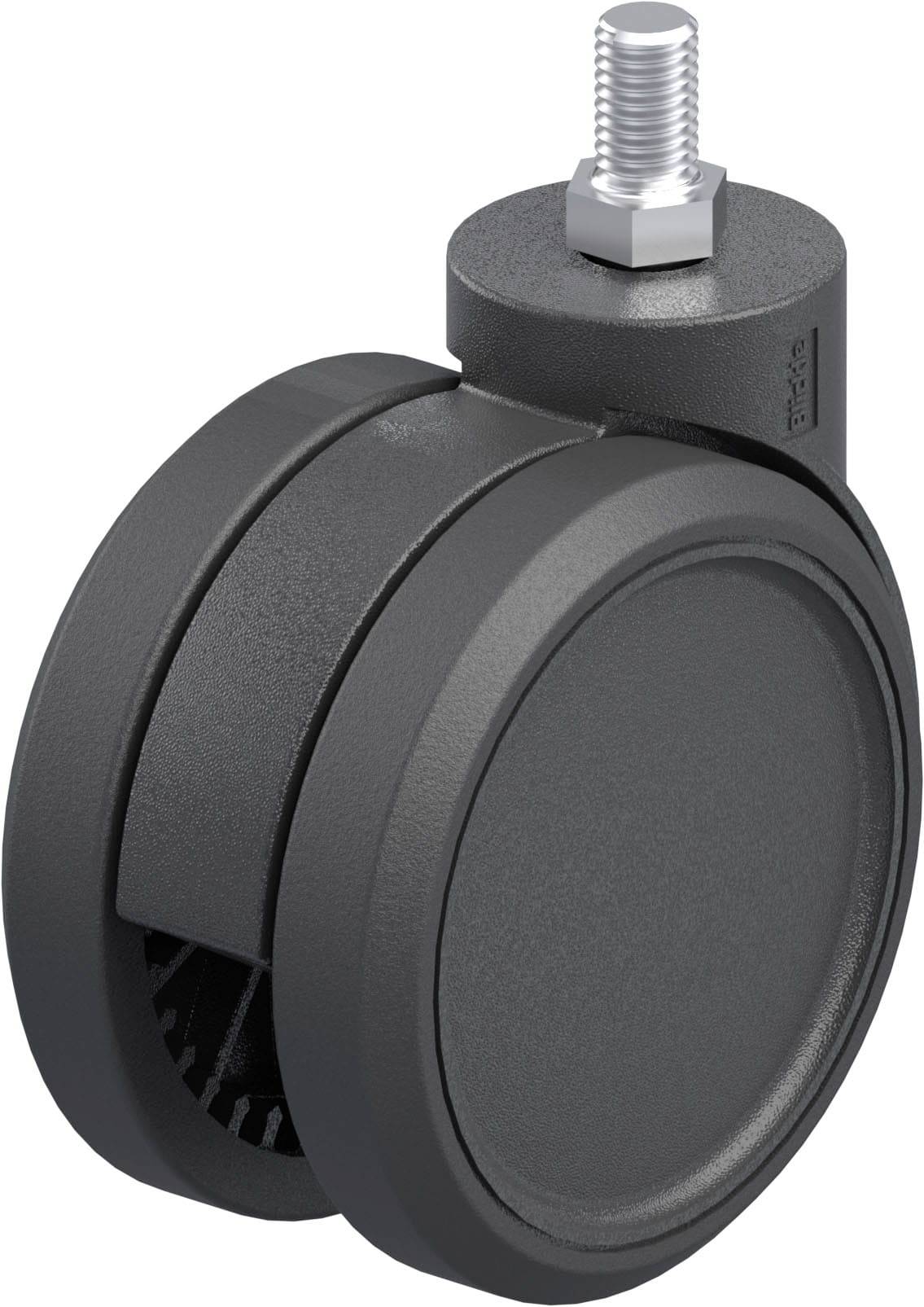 Ein schwarzes Doppelrollen-Rad mit Gewindebolzen. Geeignet für Möbel- oder Gerätekonstruktionen.