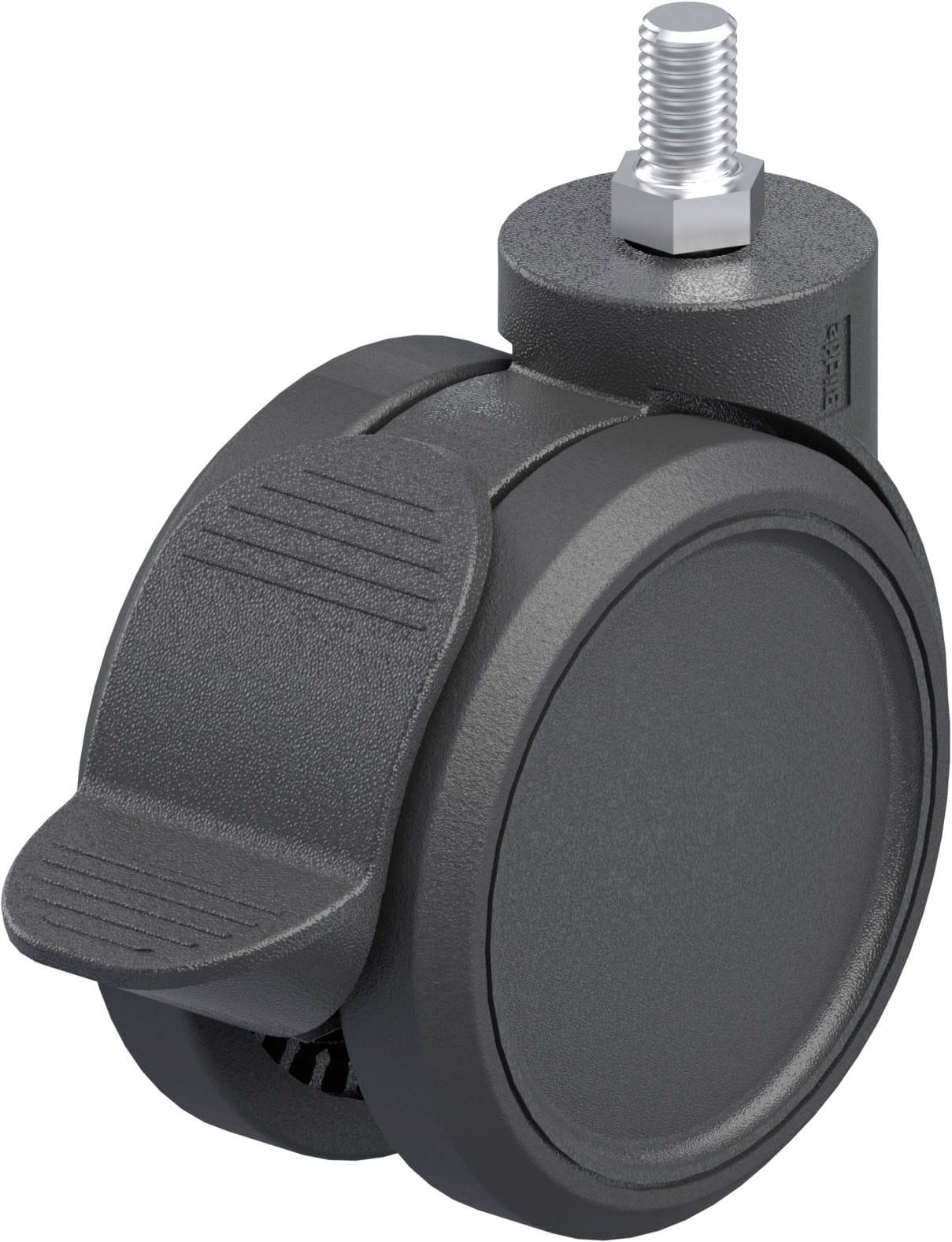 Schwarz-graues Stuhlrad mit Bremshebel und Metallgewinde zur Befestigung, auf weißem Hintergrund gezeigt.