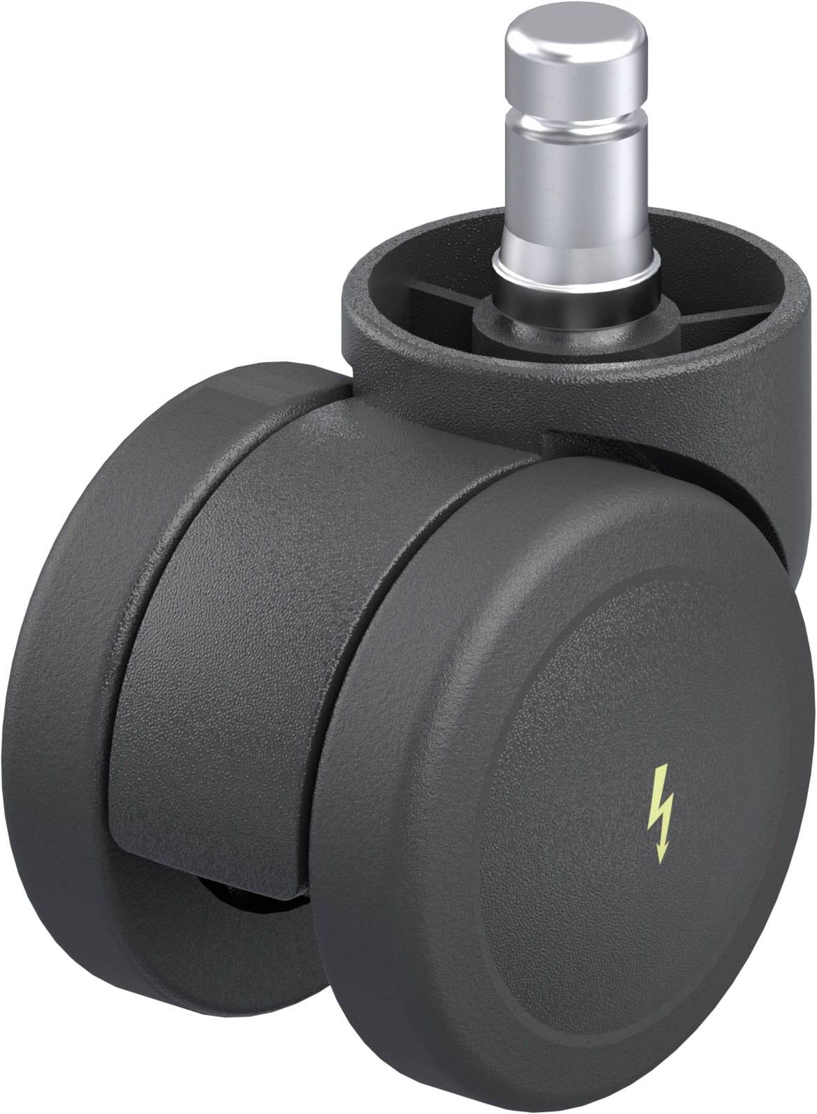 Schwarze Stuhlrolle mit gelbem Blitzsymbol, silbernem Metallzapfen oben; geeignet für Bürostühle.