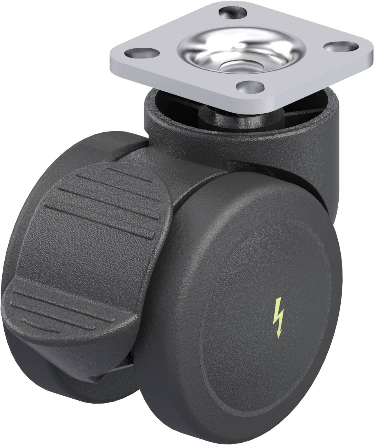 Schwarzes Möbelrad mit Feststellbremse und silberner Befestigungsplatte, geeignet für Bürostühle oder rollbare Möbel.