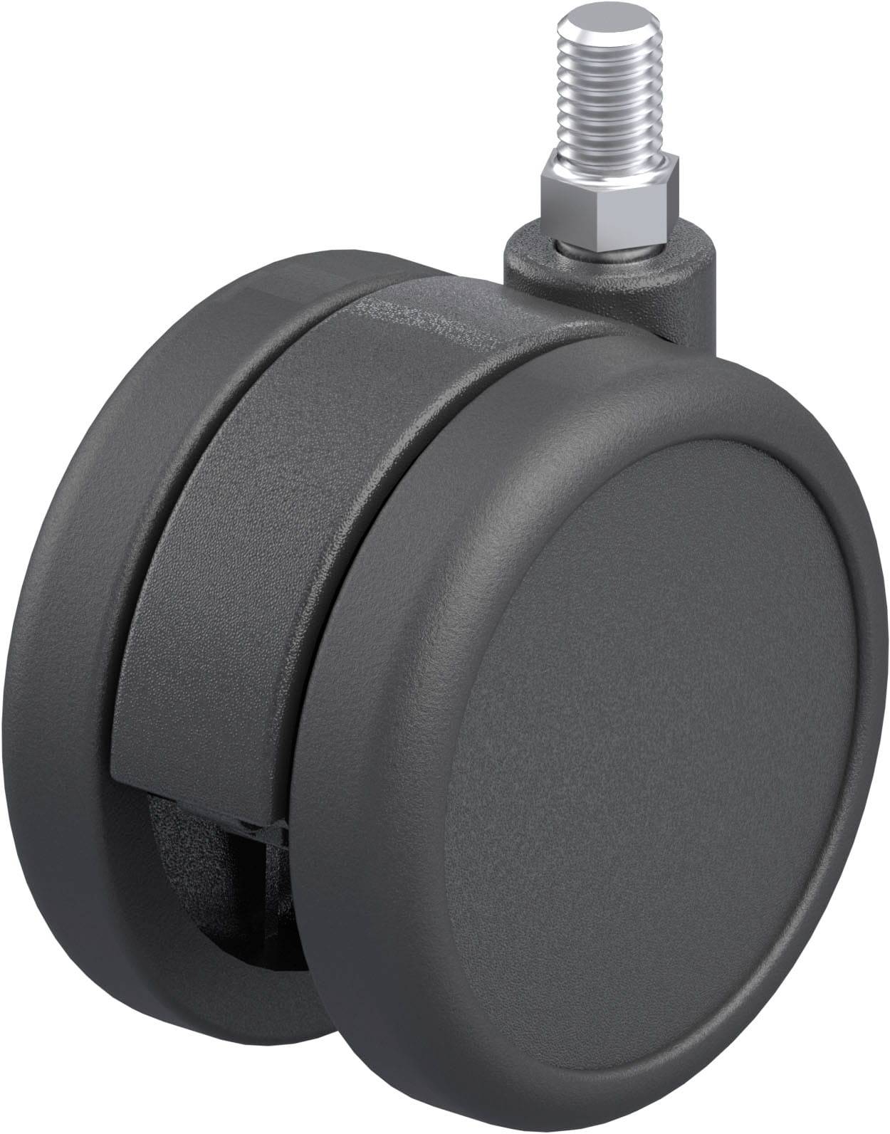 Schwarze Möbelrolle mit Gewindebolzen, geeignet für verschiedene Bodenarten. Ideal für Bürostühle und andere bewegliche Möbelstücke.