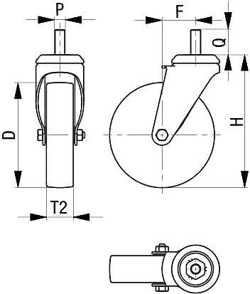 Technische Zeichnung eines Schwenkrads mit vier Ansichten; Vorder-, Seiten-, Oberansicht und mit Maßangaben D, T2, P, F, H.