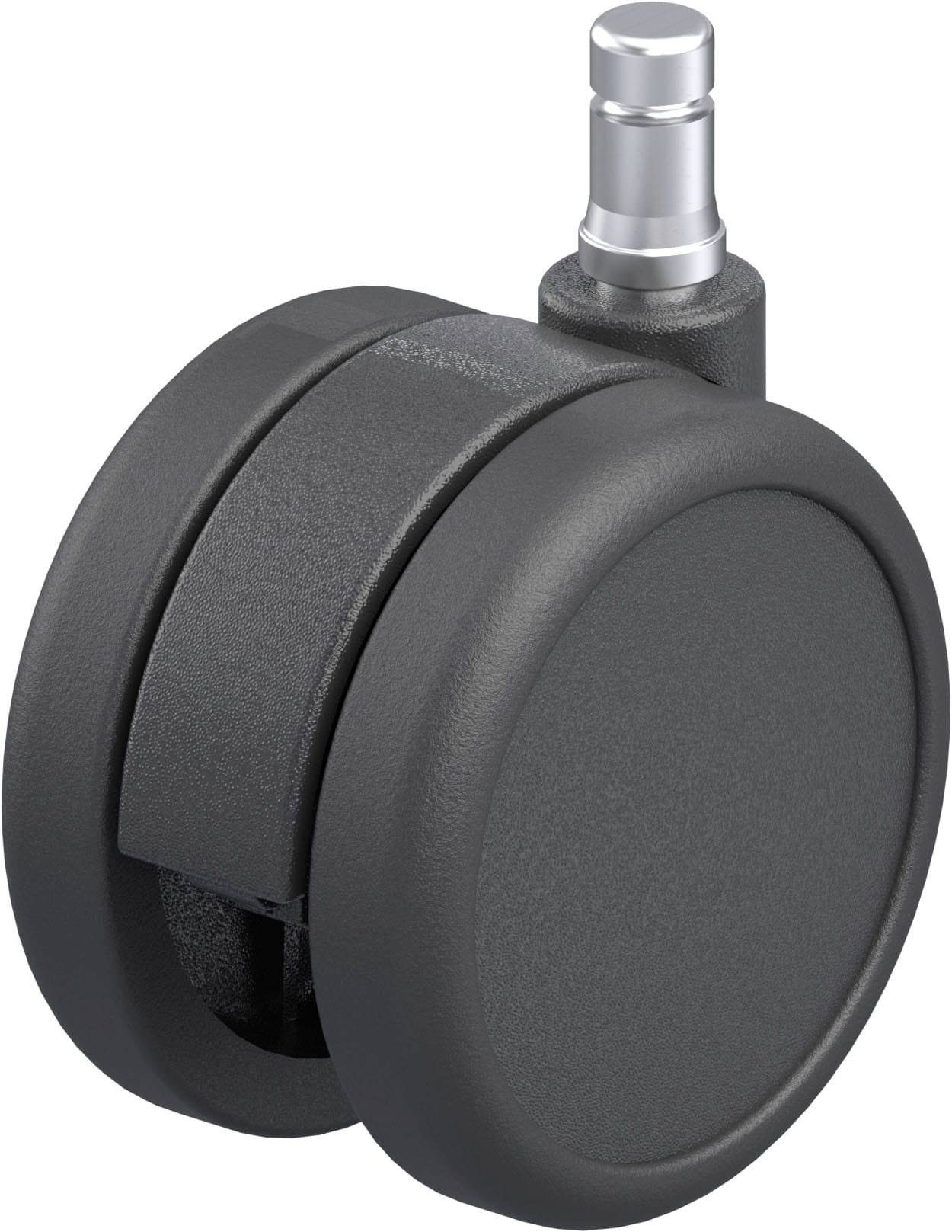 Schwarze Möbelrolle mit Metallstift, geeignet für Bürostühle. Die Rolle ist rund und stabil, ideal für Hartböden.