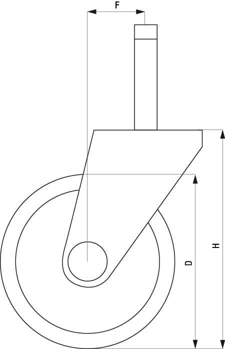 Ein technisches Diagramm zeigt eine Lenkrolle mit den Markierungen 'F', 'D' und 'H', die verschiedene Abmessungen darstellen.