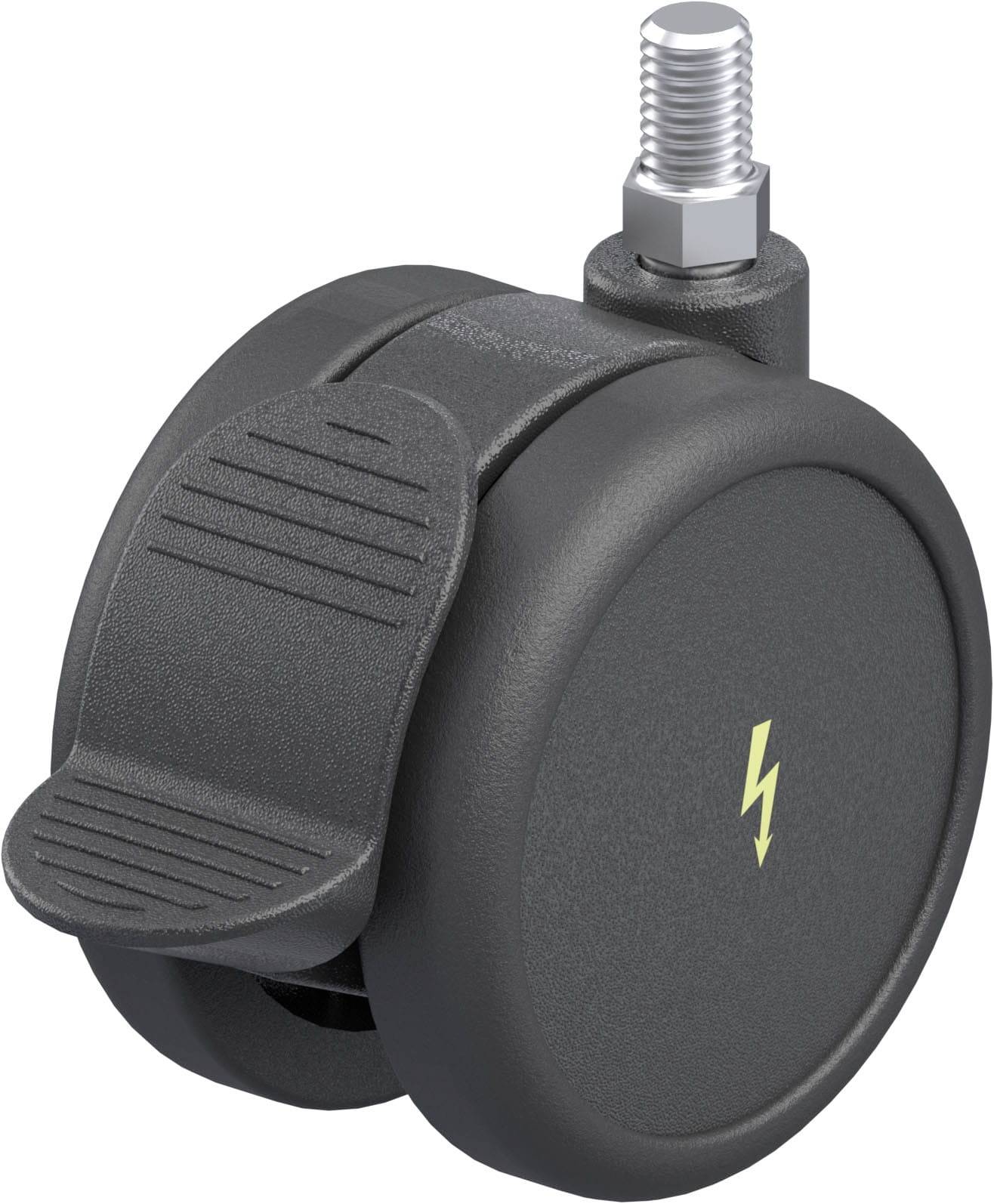 Schwarzes Kunststoff-Rollenrad mit gelbem Blitzsymbol, montiert auf Metallachse. Geeignet für Bürostühle oder Möbelrollen.