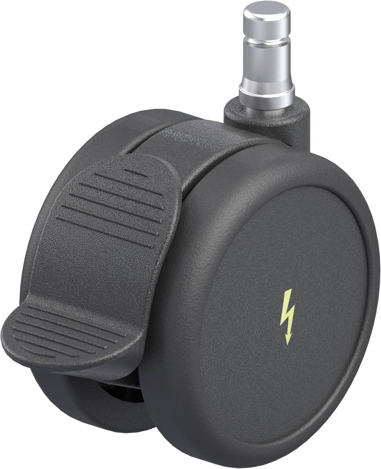 Stuhlrolle mit Bremse und gelbem Blitzsymbol, geeignet für Bürostühle. Hergestellt aus schwarzem Kunststoff mit silbernem Stift.