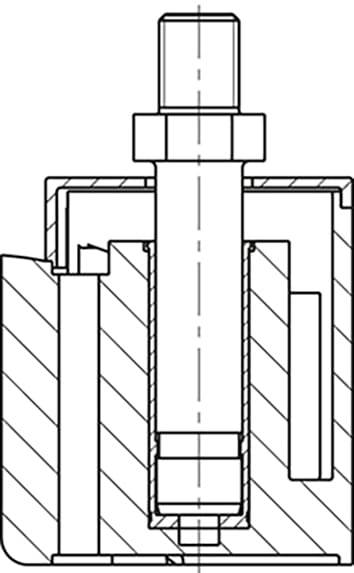 Querschnitt einer mechanischen Verbindung mit zentraler Achse und umgebenden Gehäusen, zeigt Details und Struktur der Baugruppe.