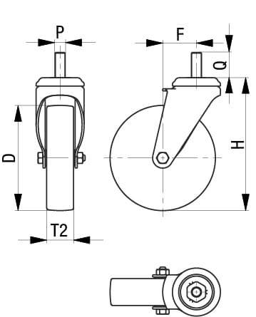 Technische Zeichnung eines Drehrollenrades mit Maßen: D, P, T2, F, und H. Rad ist in Seiten-, Frontal- und Draufsicht dargestellt.
