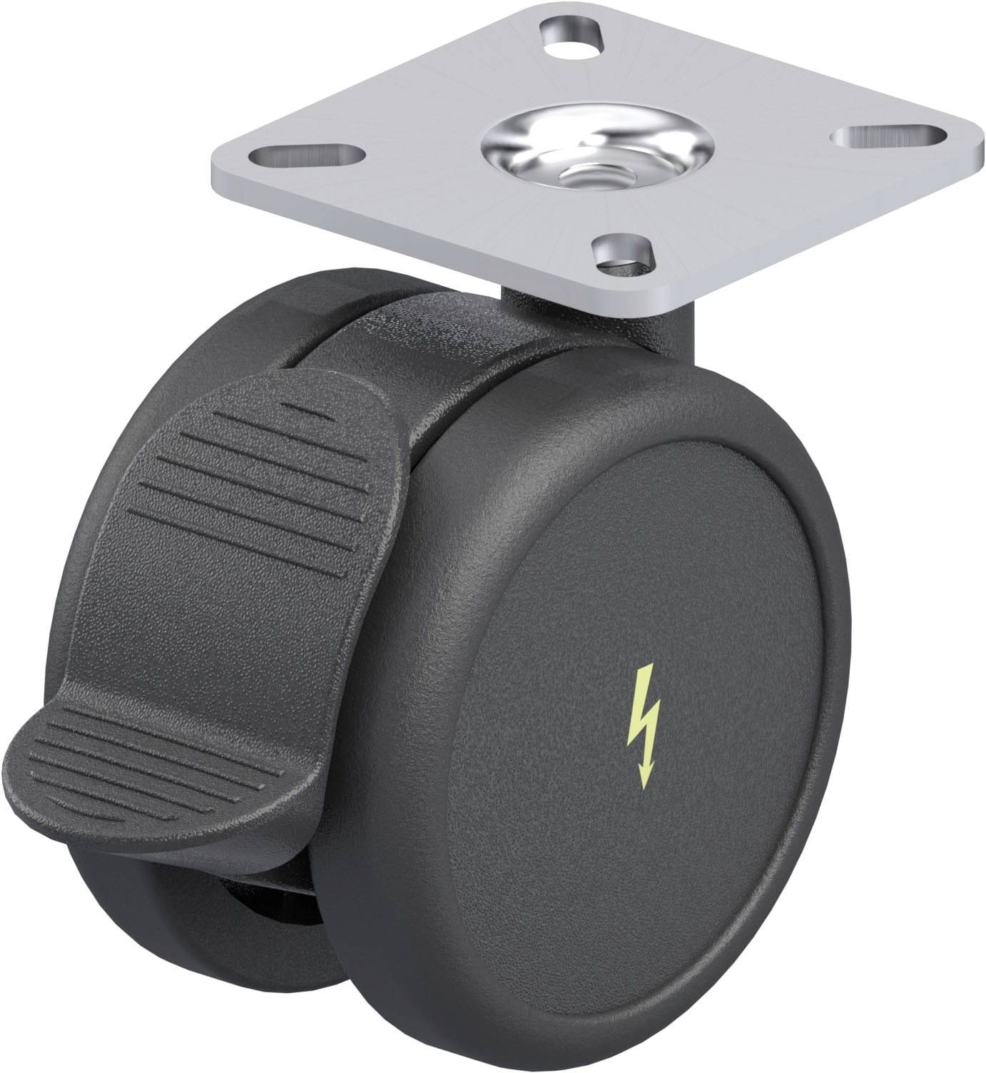 Schwarzes Möbelrad mit bremsbarem Pedal, Montagescheibe oben und gelbem Blitzsymbol auf der Radseite. Ideal für mobile Möbel.