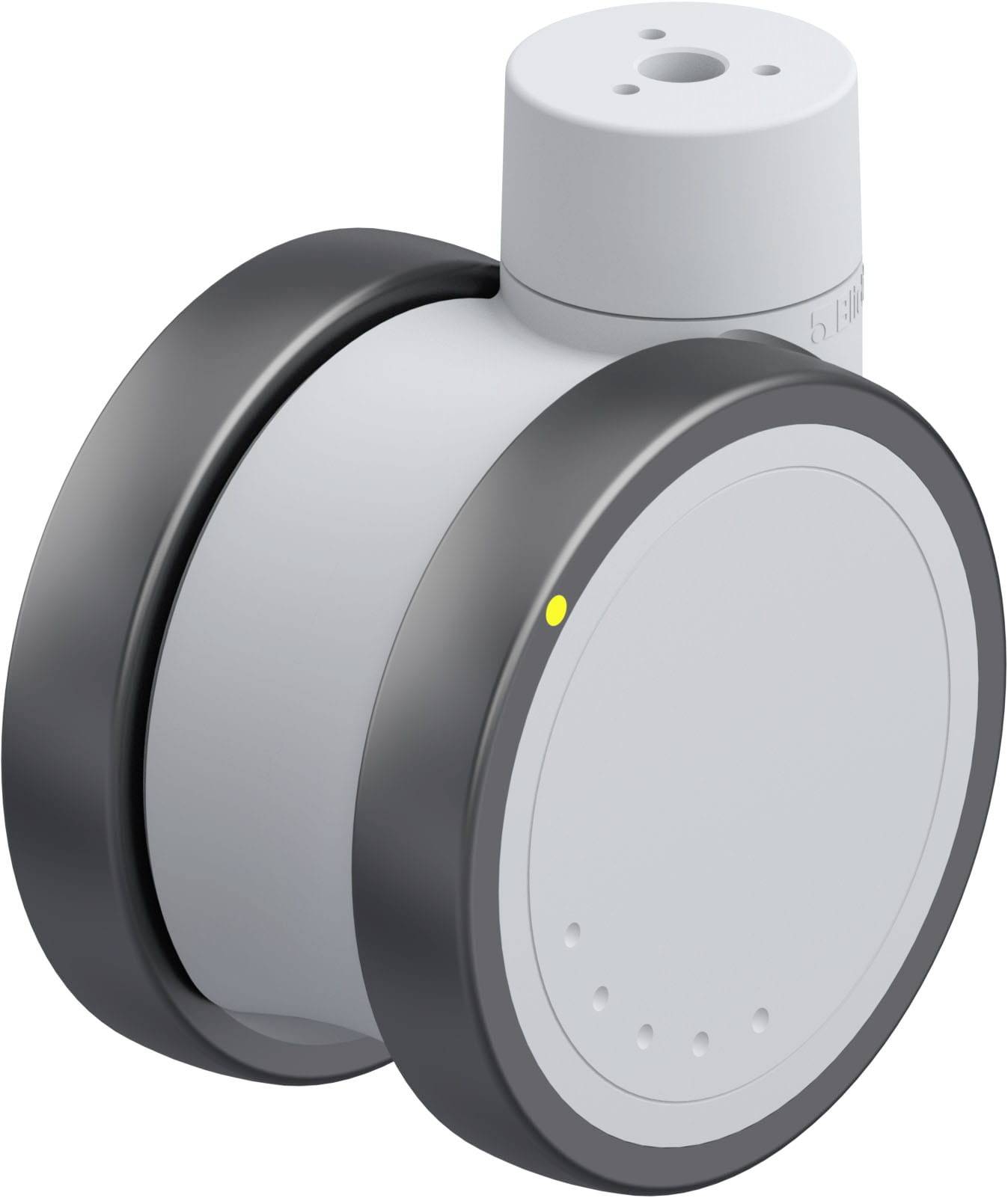 Ein zylindrisches, graues elektronisches Gerät mit schwarzem Band und gelbem Punkt, vermutlich ein Sensor.