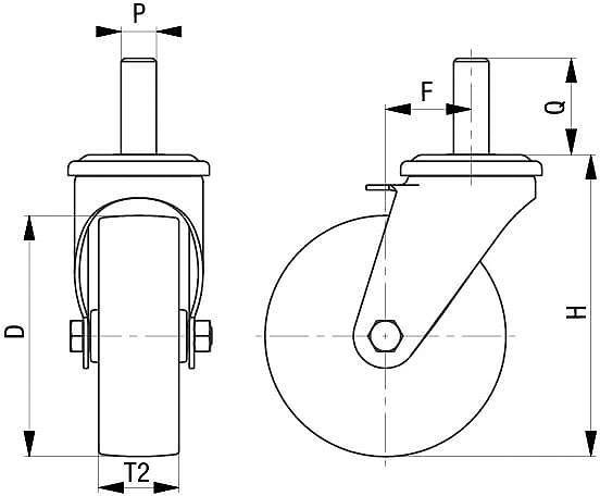 Technische Zeichnung von zwei Rollenansichten: Seitenansicht mit Abmessungen P, D, T2 und Frontansicht mit Abmessungen H, σ, F.