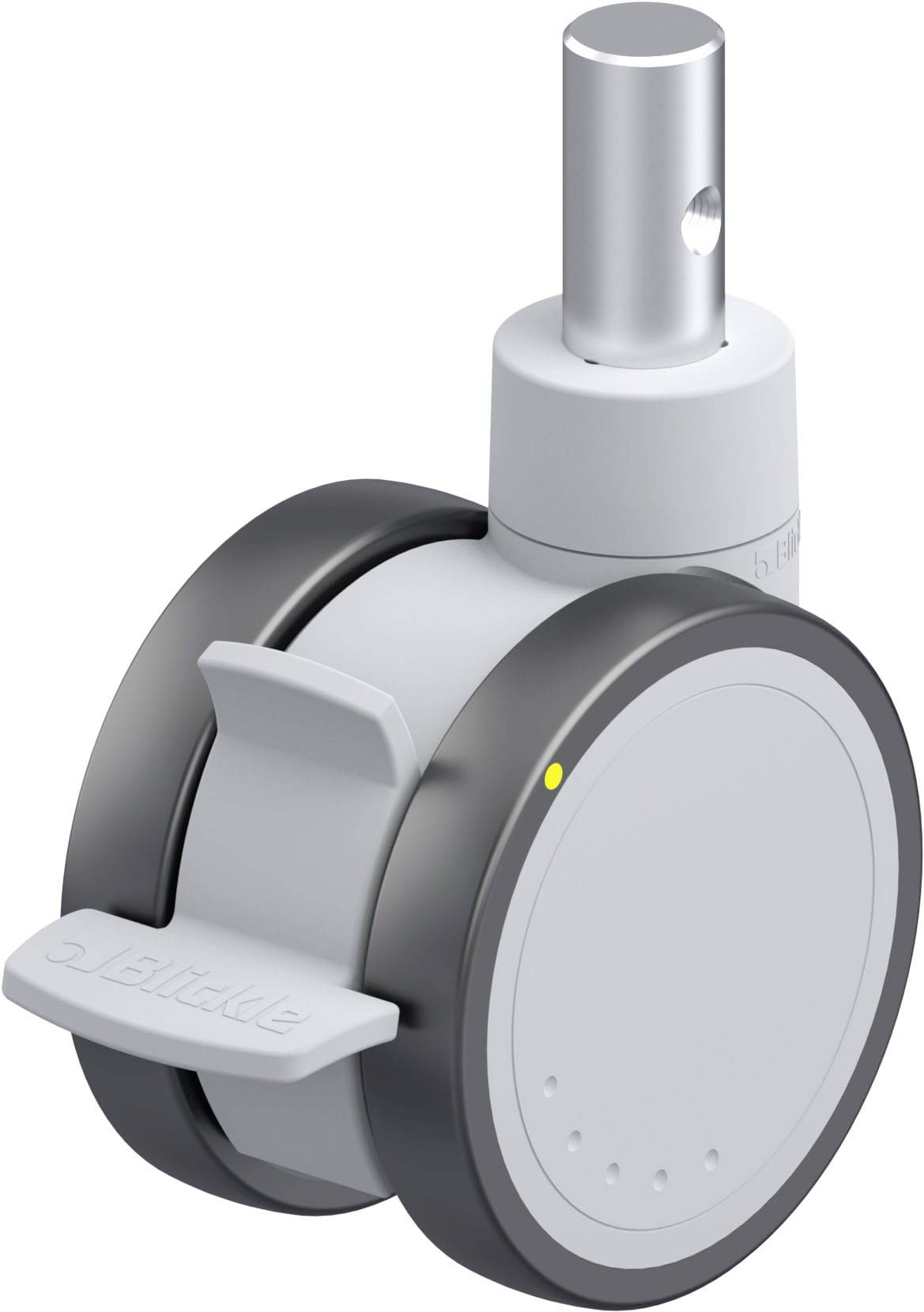 Rollenrad mit grauer Gummierung, Stecksystem oben, seitlicher Drehverschluss zur Arretierung. Verwendet für Büromöbel.