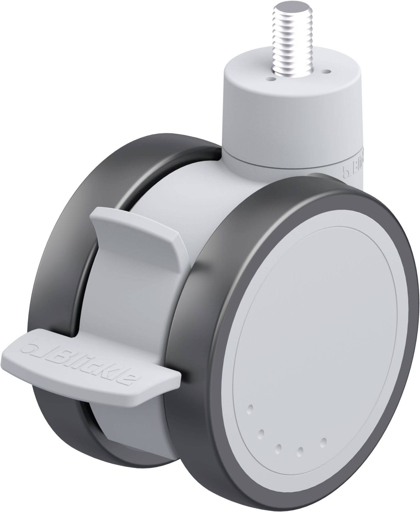 Graue Bürostuhlrolle mit Bremse, Gewindestift oben zur Befestigung. Design betont Stabilität und Leichtigkeit.
