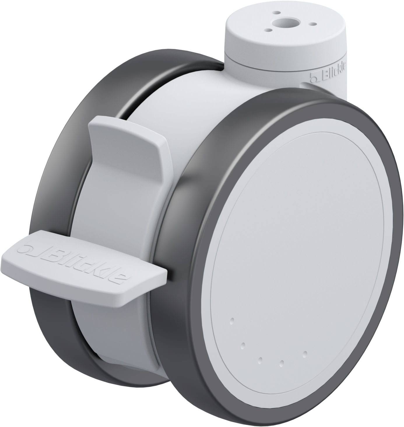 Ein graues Lenkrollenrad mit einer breiten Lauffläche und einem Betätigungshebel an der Seite, geeignet für den Einsatz an Möbeln.