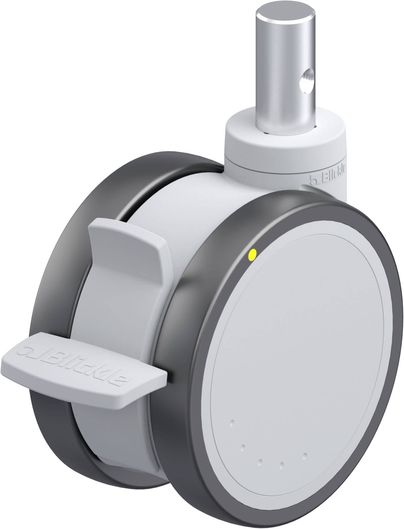 Rundes Möbelrad mit grauem Kunststoffgehäuse und Metallstift zur Befestigung. Links ein Pedal zur Arretierung des Rads.