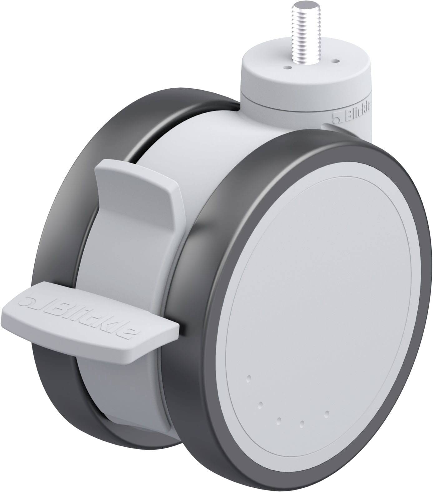 Rolle mit Schraubgewinde, grau-schwarz. Eignet sich für Möbel oder Geräte. Robustes Design mit glatter Rolle für einfache Bewegung.