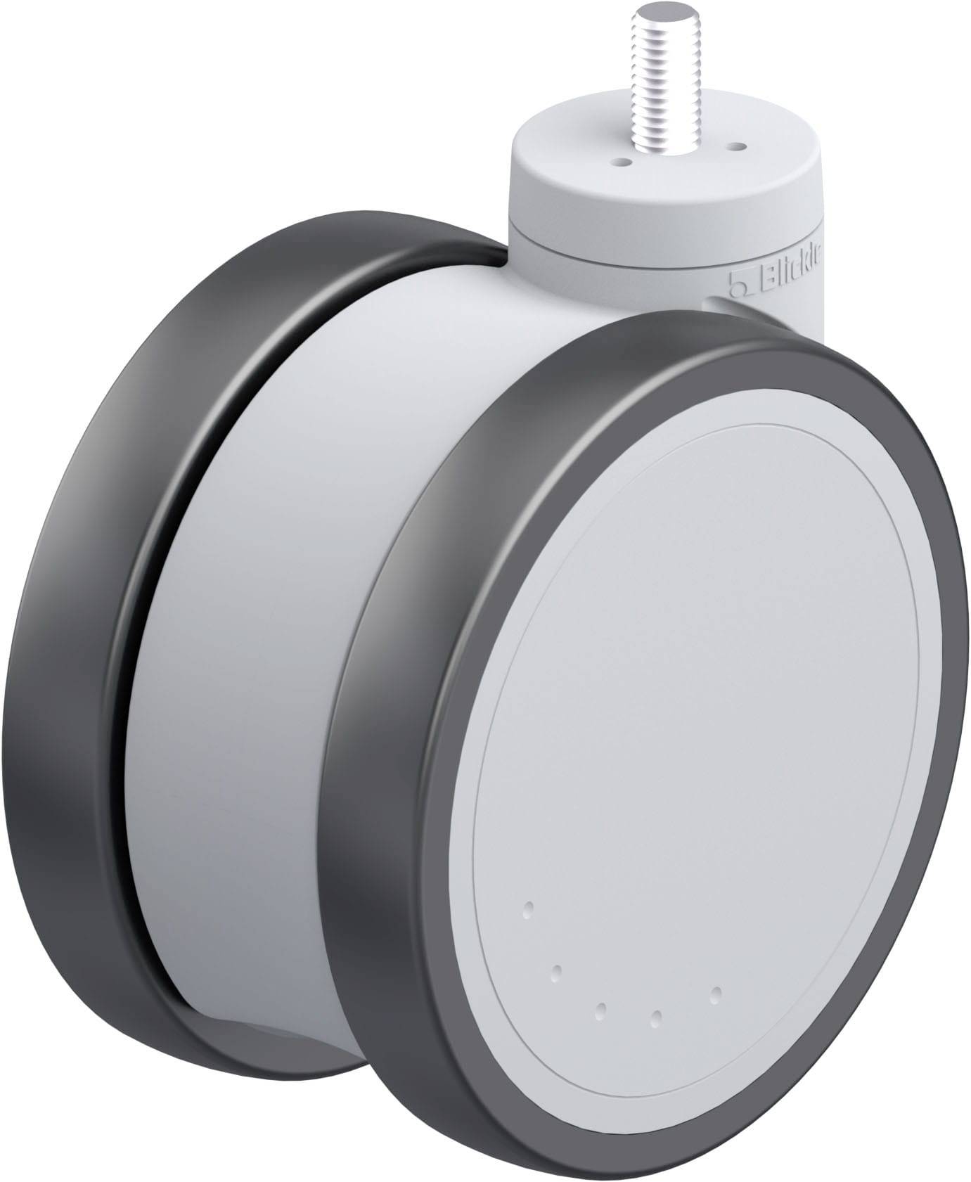 Zwei große, runde Räder mit zentraler Achse, für Möbel oder Geräte geeignet, in silberner und schwarzer Farbe.