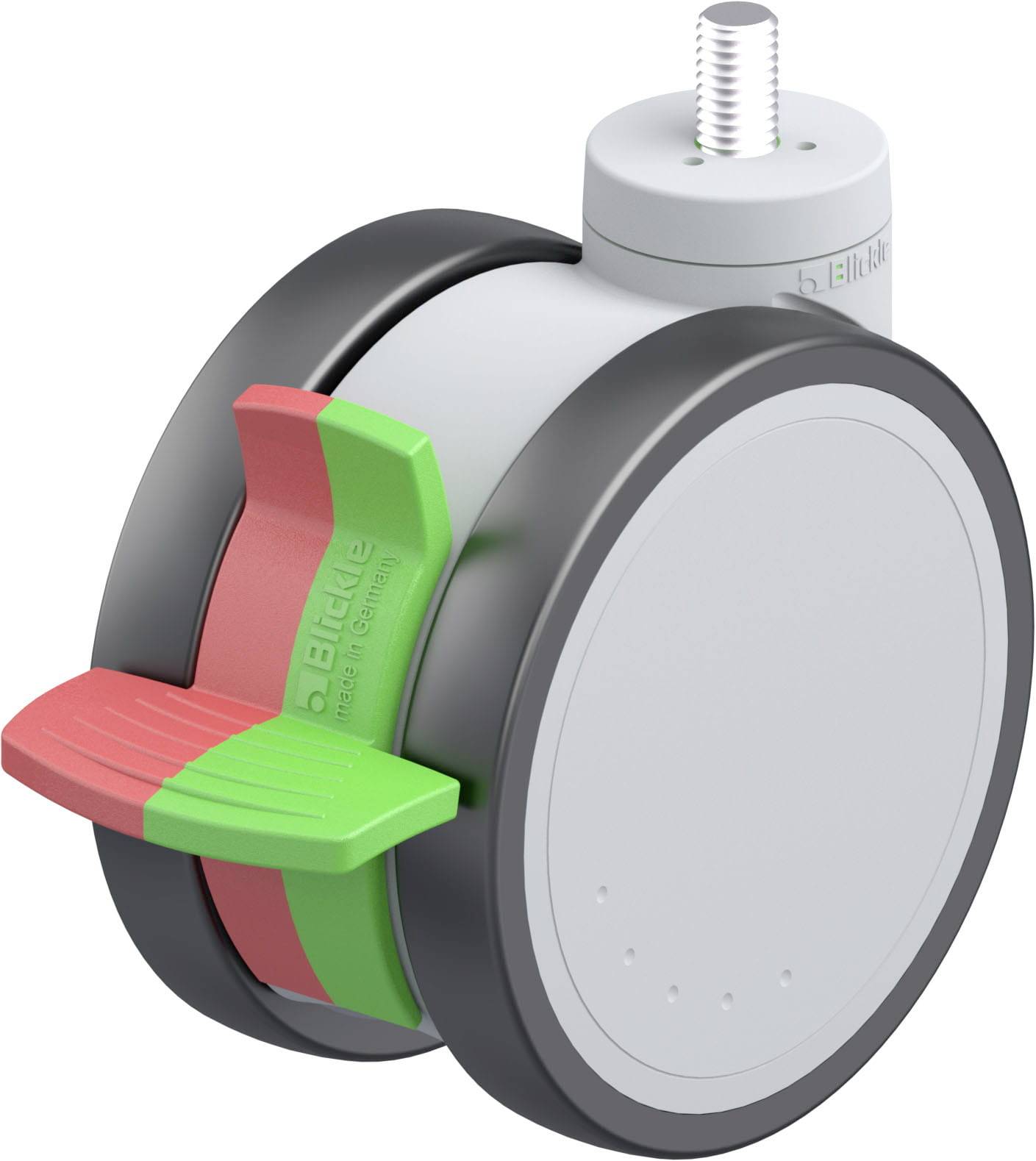 Industrie-Rad mit grauer Gummilauffläche, roter Bremse und grüner Entriegelung am Rad. Enthält Schraubgewinde oben für Montage.