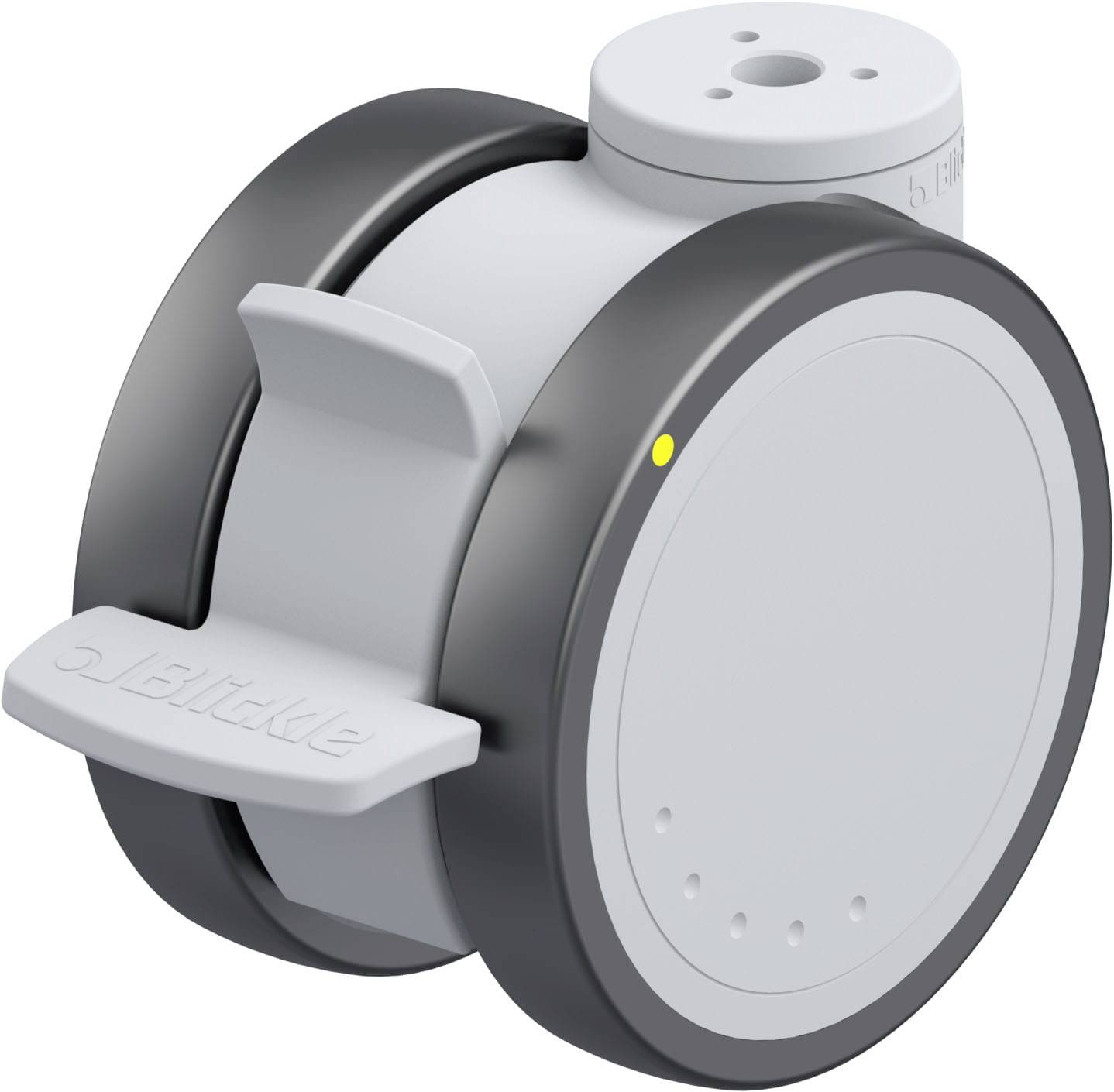 Ein grauer Roboter-Wheel mit schwarzem Ring und gelber LED-Anzeige, zeigt Seitenansicht eines technischen Moduls einer Maschine.