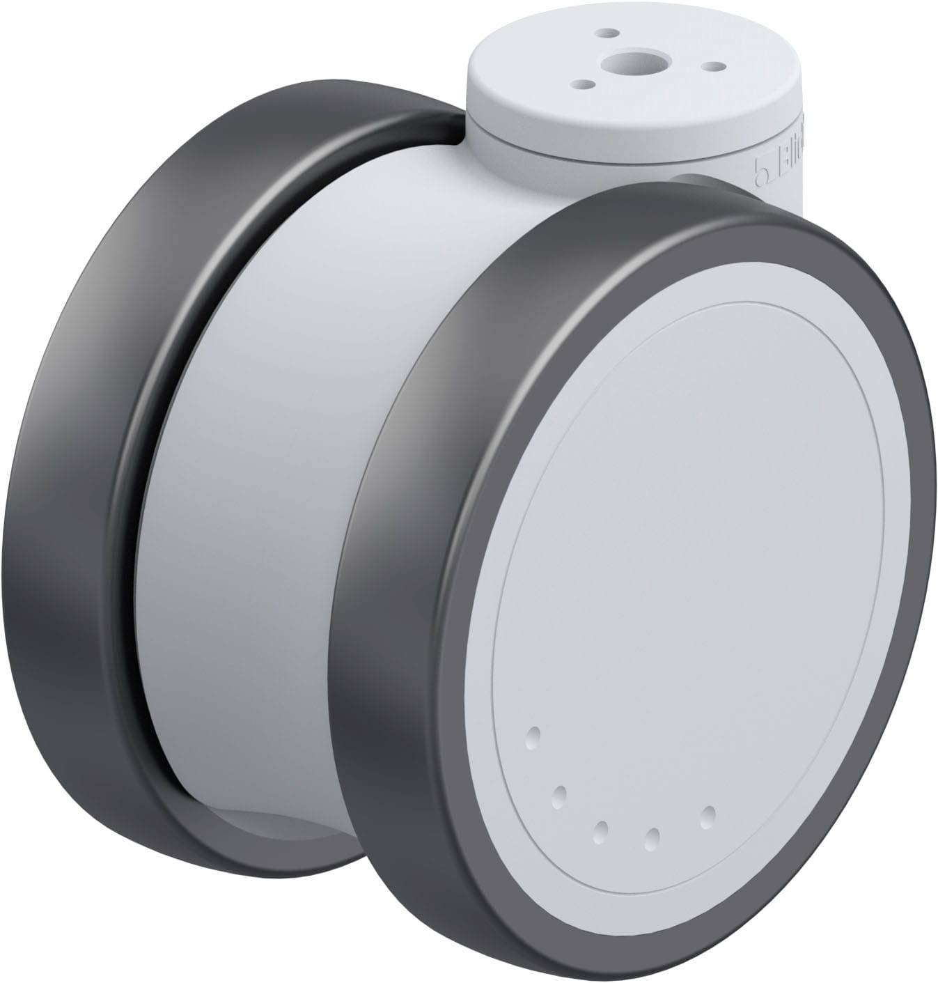 Ein weiß-graues zylindrisches Gerät mit zwei großen schwarzen Rädern an den Seiten.