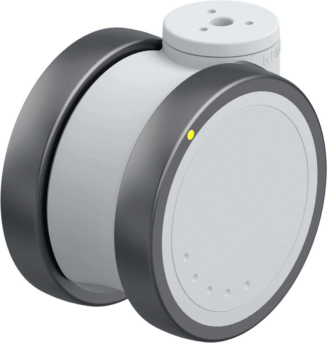 Ein weißes, zylindrisches Gerät mit zwei dunklen Ringen an den Seiten und einem gelben Lichtpunkt auf der Vorderseite.