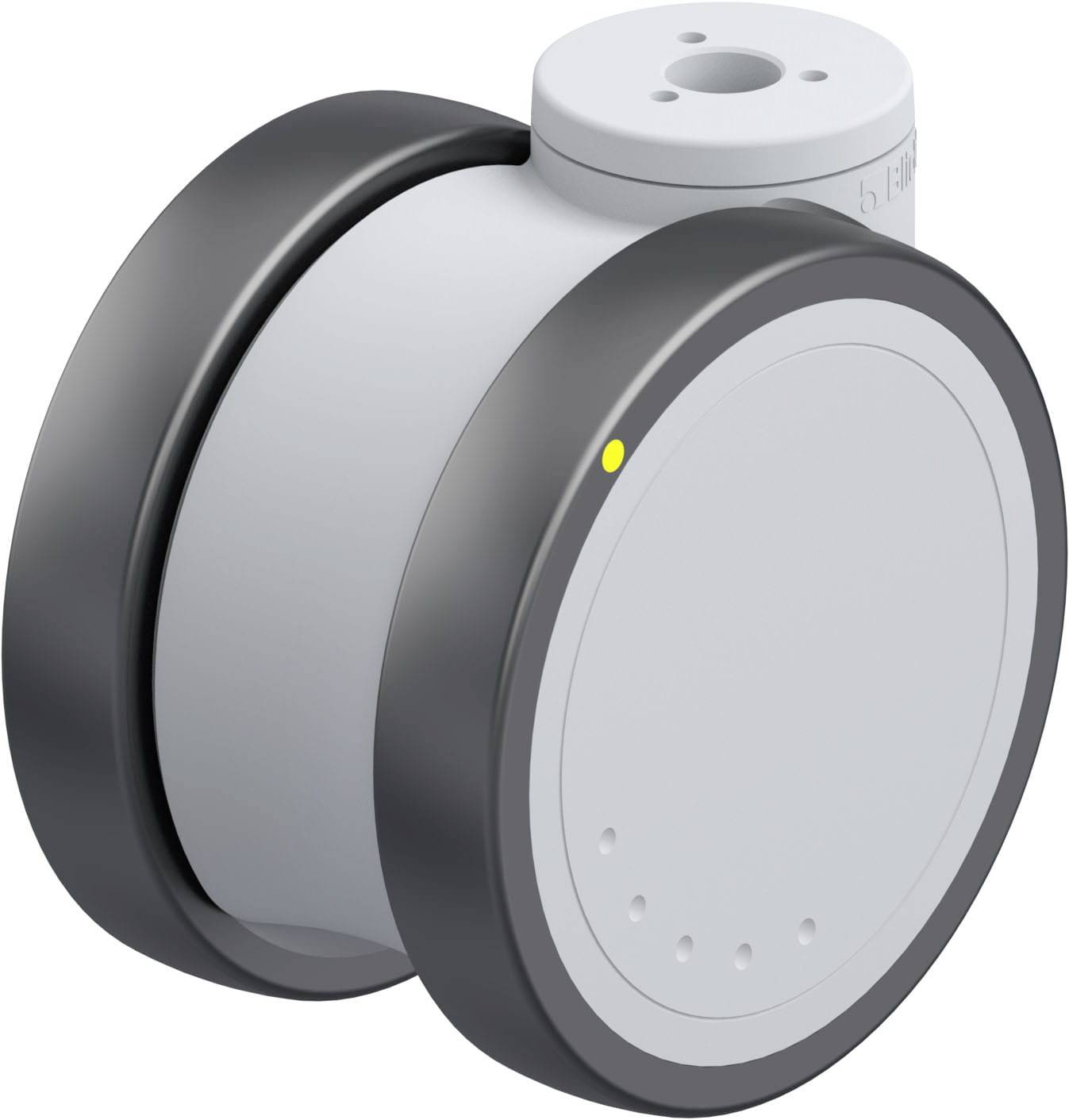 Ein graues, rundes Bauteil mit zwei dunklen Rändern, möglicherweise ein Sensor oder Rad, mit einem gelben Punkt und kleinen Löchern.