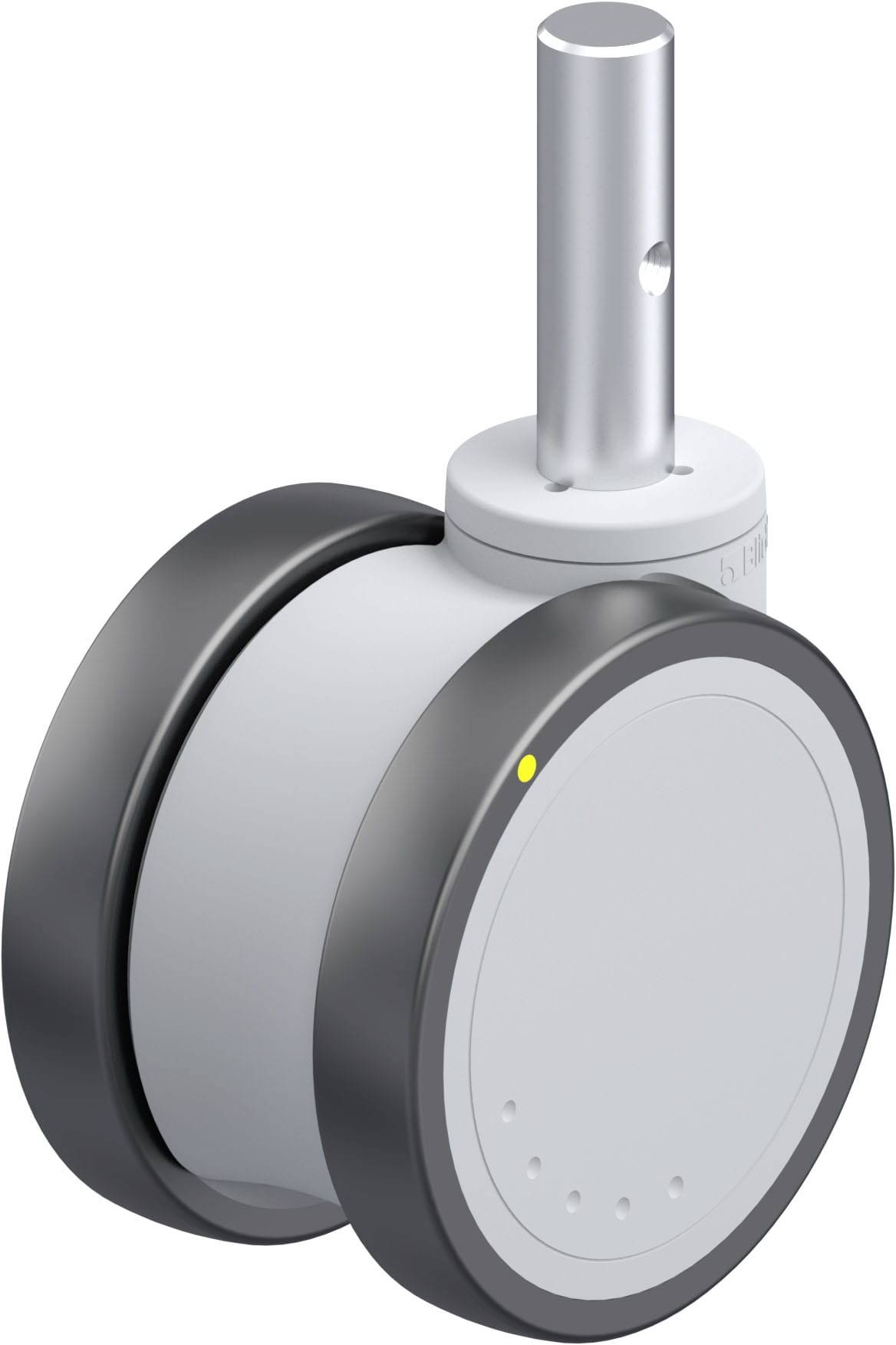 Zwei schwarze Räder mit grauem Radschutz und silbernem Metallstift oben, möglicherweise ein Möbelrad oder technisches Bauteil.