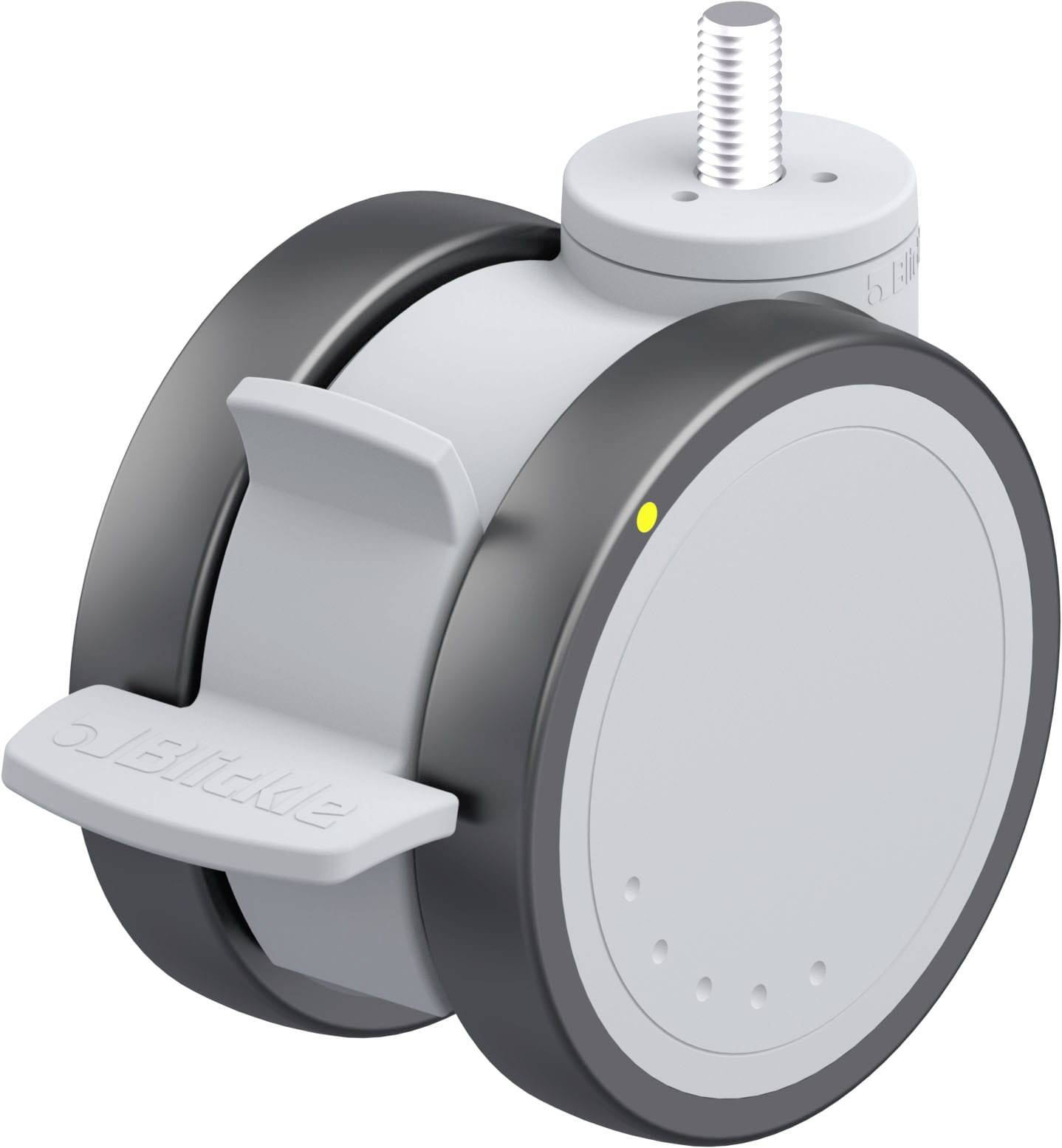 Laufrolle in Grau mit schwarzem Reifen, seitlichem Hebel und integriertem Gewinde an der Oberseite.