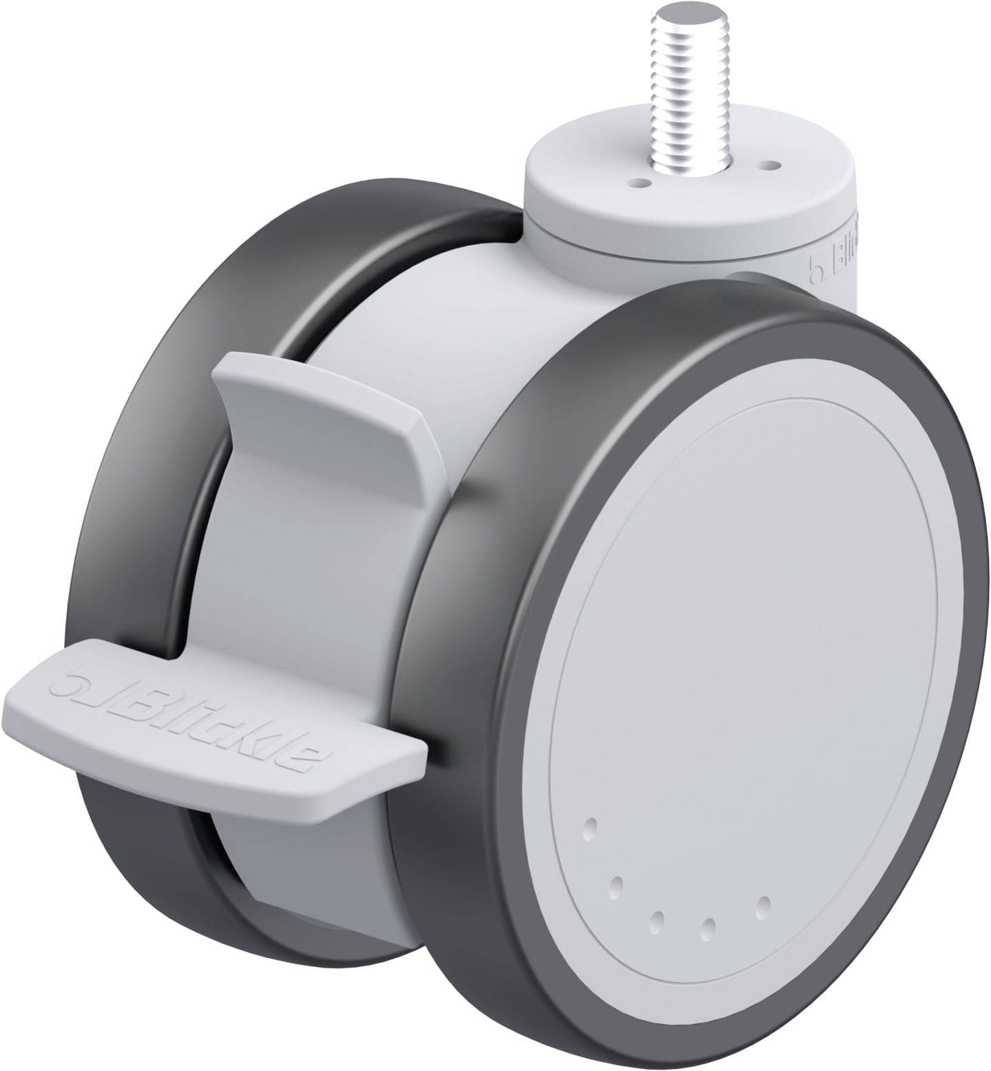 Industrie-Rolle mit grauem Rad, schwarzem Rand und Gewindebolzen oben, geeignet für Möbel oder technische Geräte.