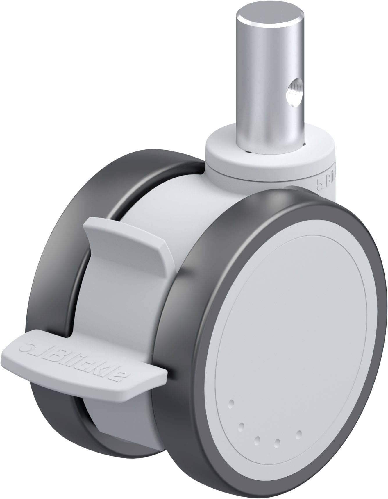 Eine graue Möbelrolle mit zwei Rädern und einem Metallstift zur Befestigung. Die Rolle hat eine glatte Oberfläche und einen Pedalmechanismus.