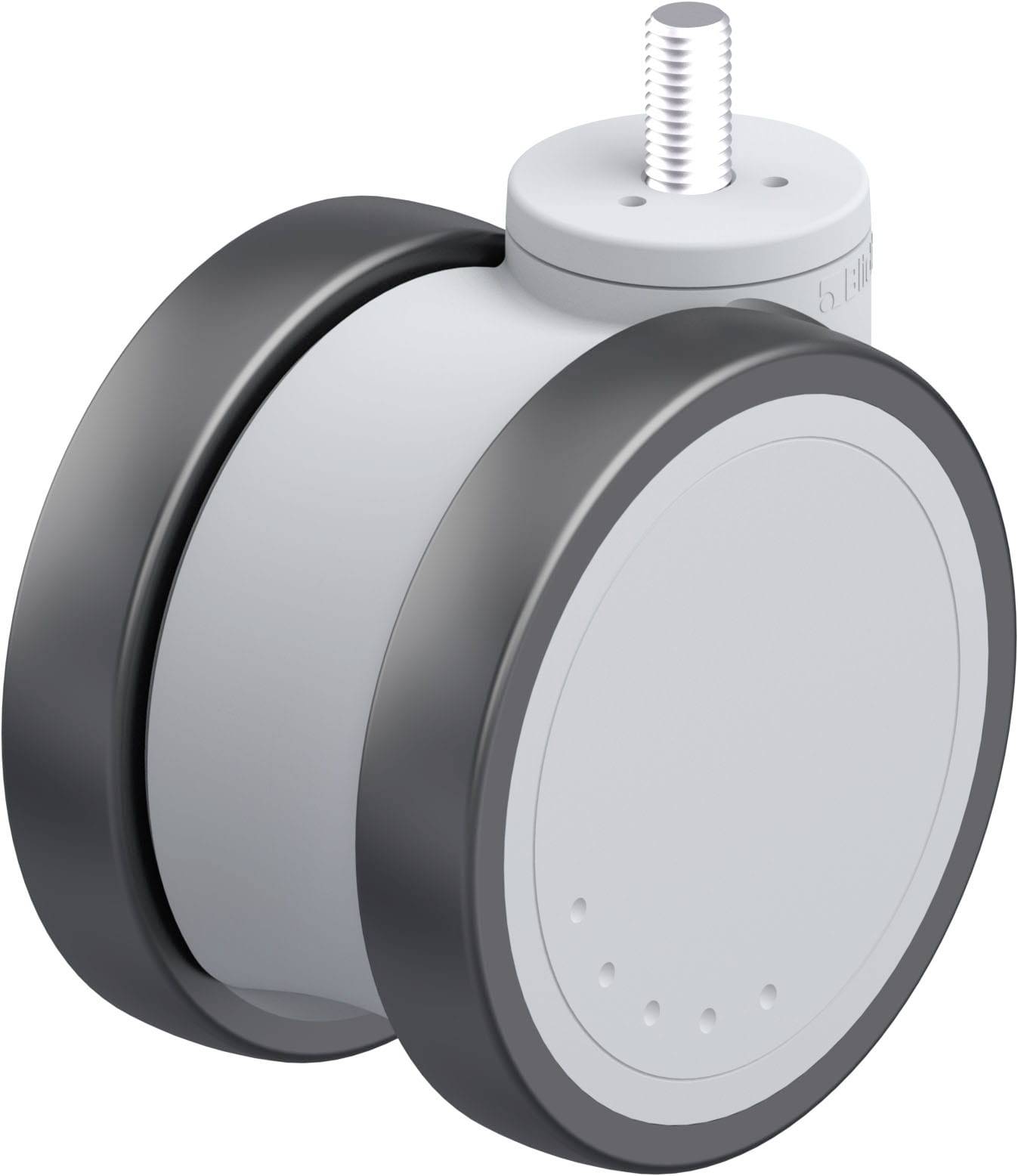Doppelrad-Lenkrolle mit Gewinde, graues Gehäuse und schwarze Räder. Geeignet für Möbel oder Industrieanwendungen.