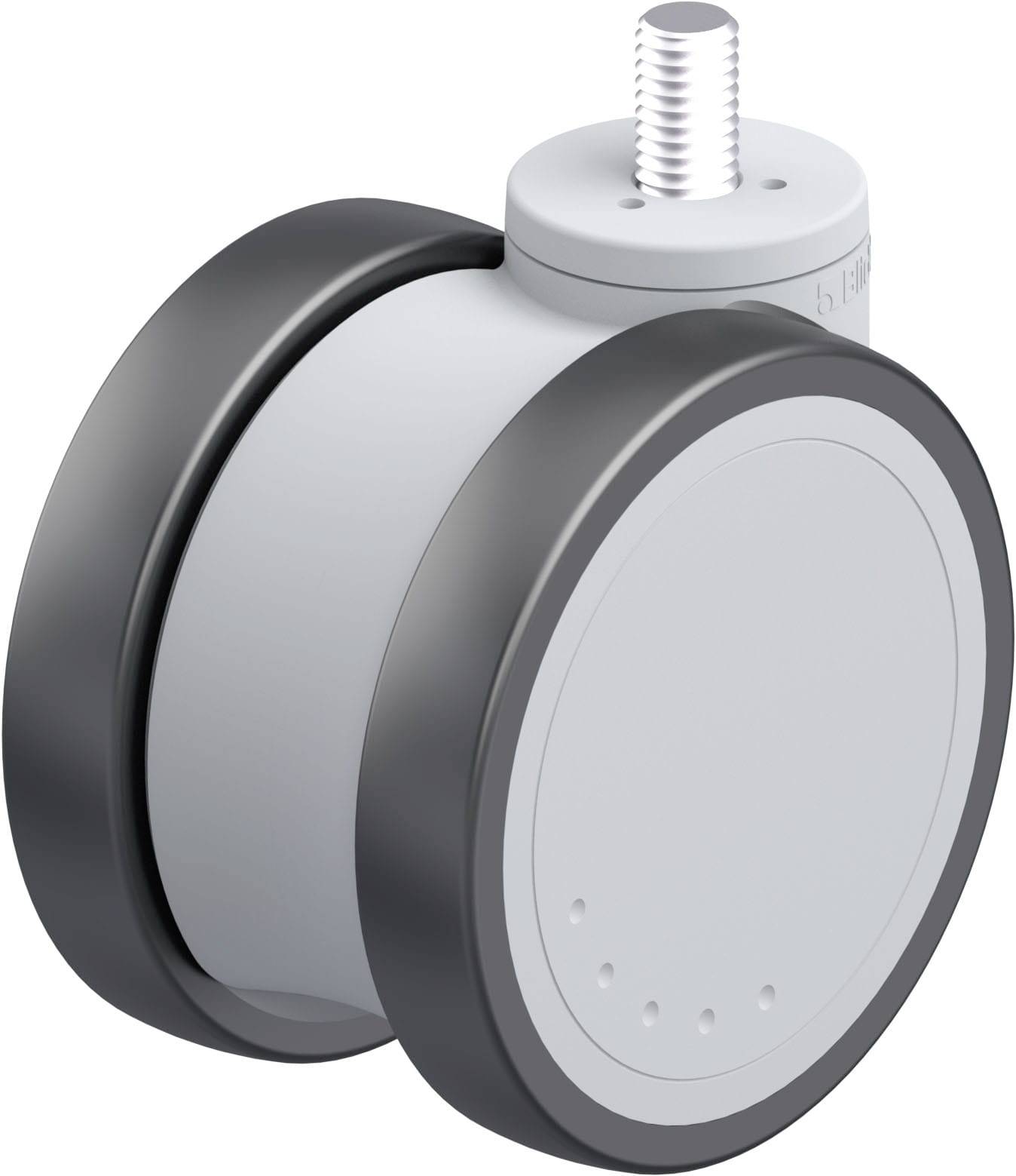 Doppelrolle mit schwarzer Lauffläche und silbernem Gehäuse, geeignet für Möbel oder Geräte, mit sichtbarer Schraubverbindung oben.