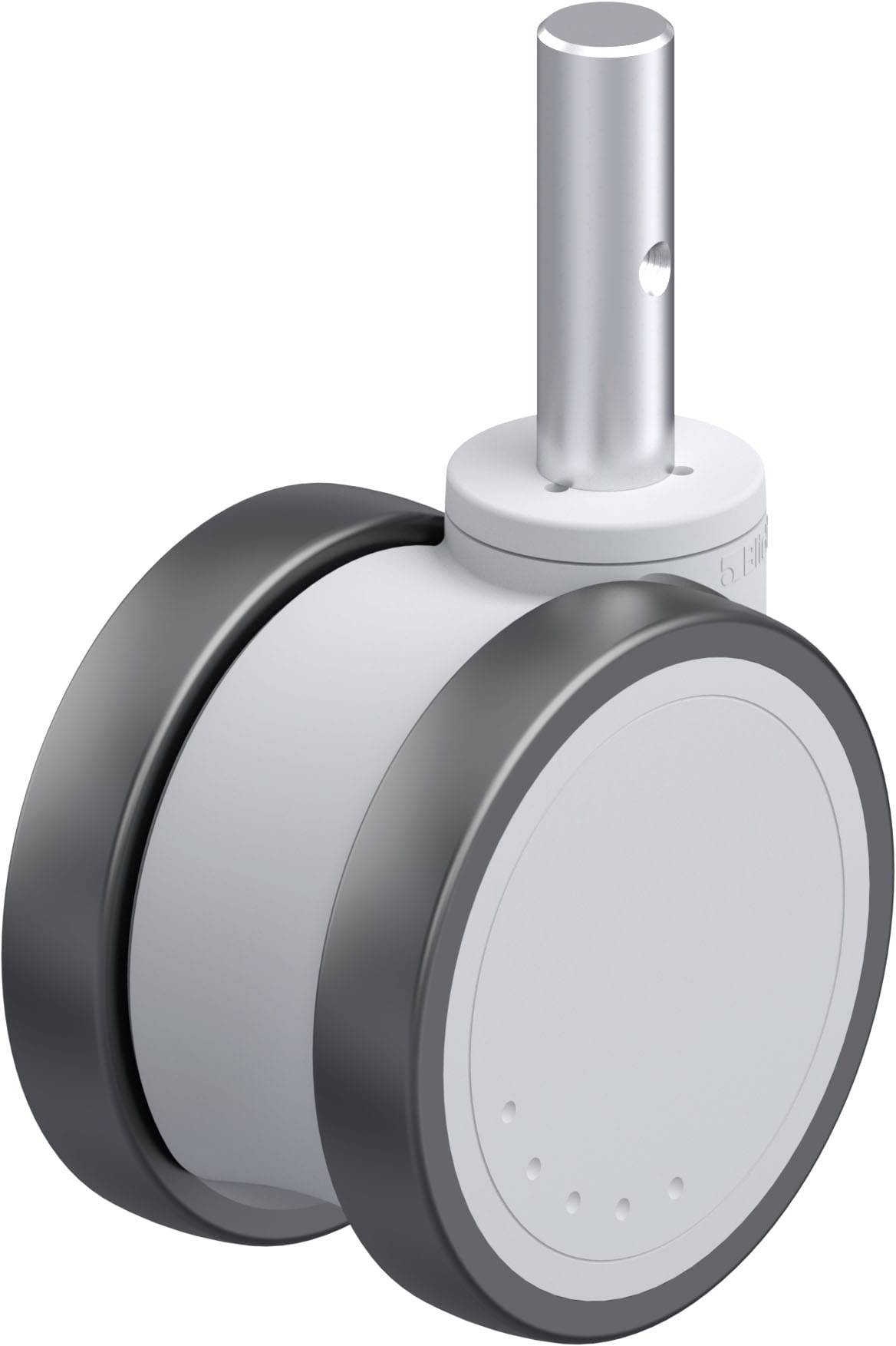 Doppellaufrolle aus Kunststoff mit grauem Gehäuse und Metallstift, geeignet für Bürostühle oder Möbel mit Rollenaufnahme.