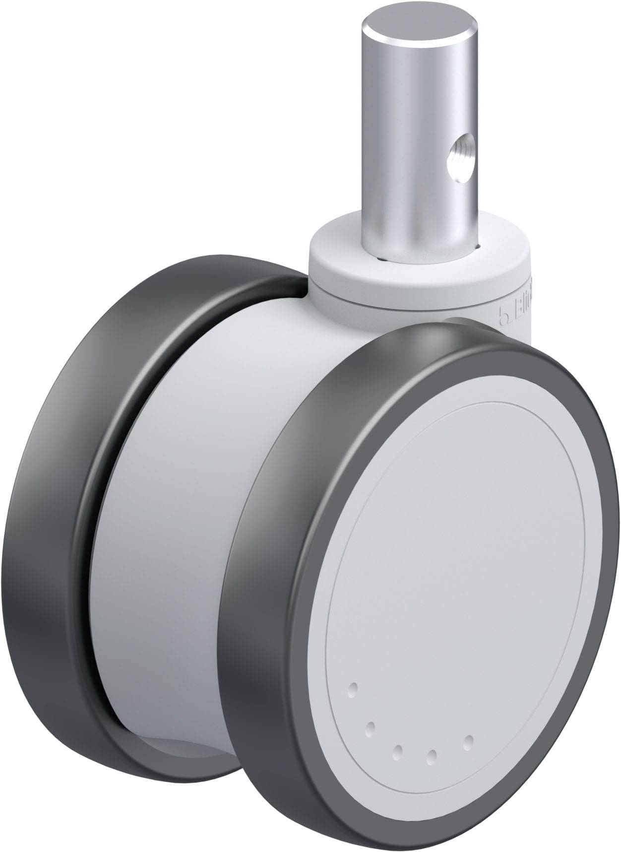 Graues Doppelrollenrad mit schwarzem Rand, Montagezapfen nach oben. Geeignet für Bürostühle oder mobile Geräte.