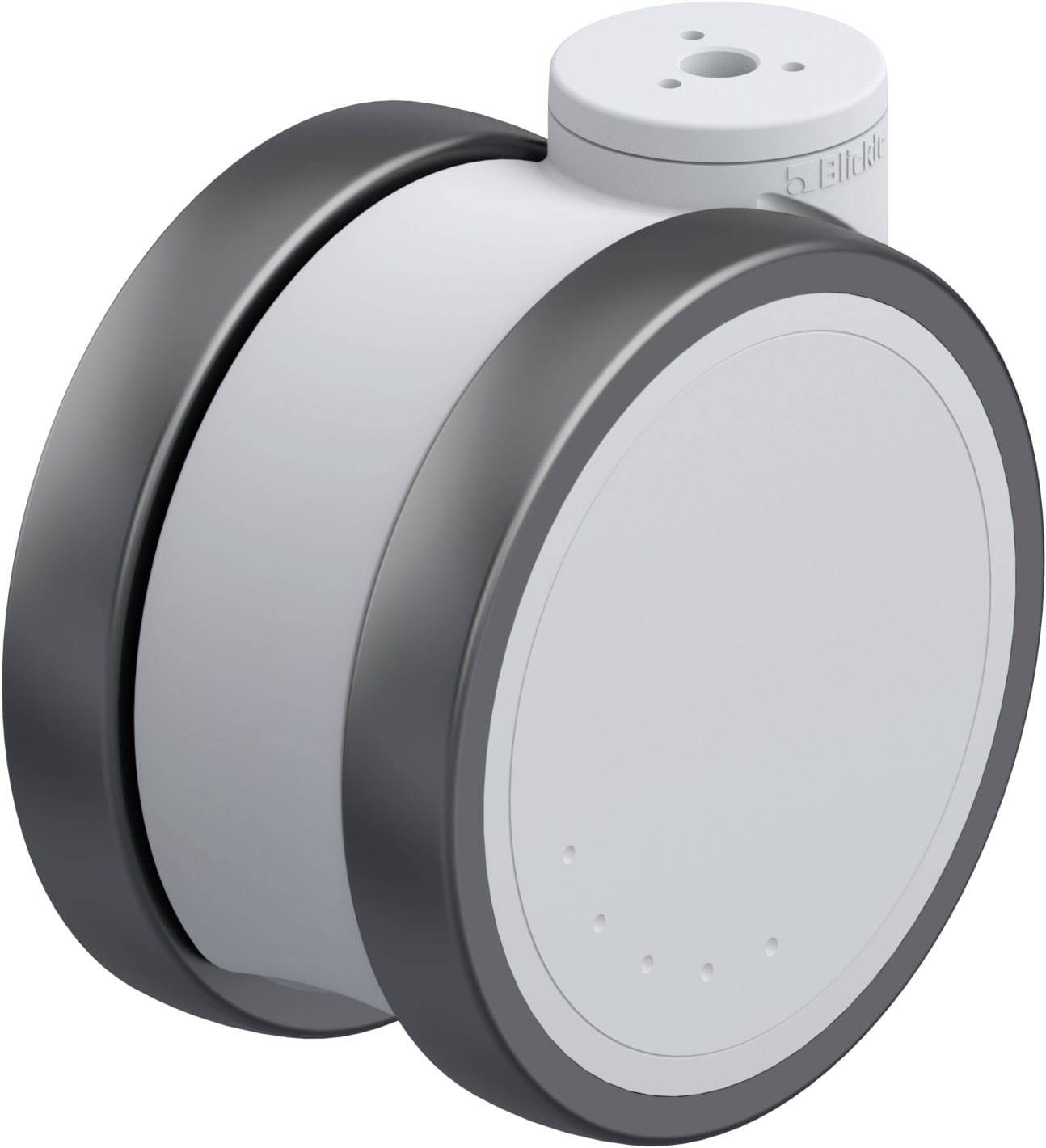 Ein modernes, rundes Rad mit grauem Gummi und einer weißen, glatten Oberfläche, geeignet für Möbel oder Transportgeräte.