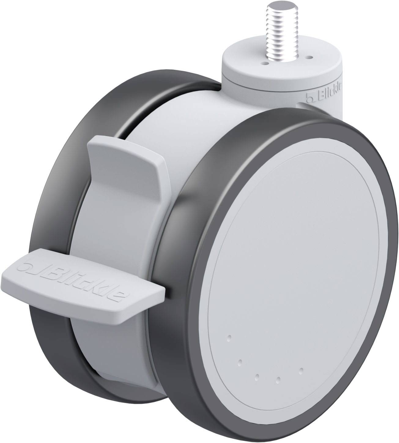Industrierolle mit grauem und schwarzem Design, Schraubgewinde oben zum Befestigen. Geeignet für Möbel oder industrielle Anwendungen.