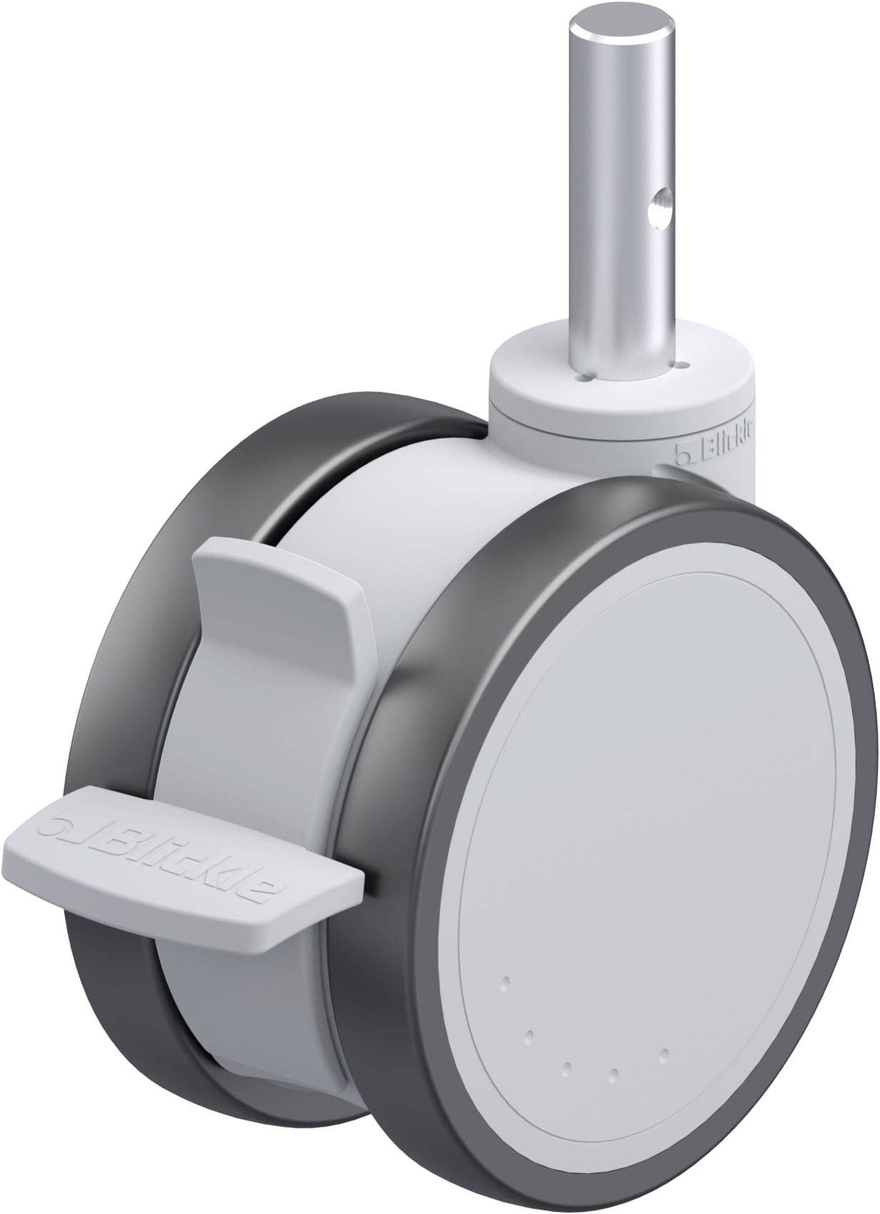 Doppelradrolle mit grauem Gehäuse und Feststeller, geeignet für Möbel oder Büromöbel.