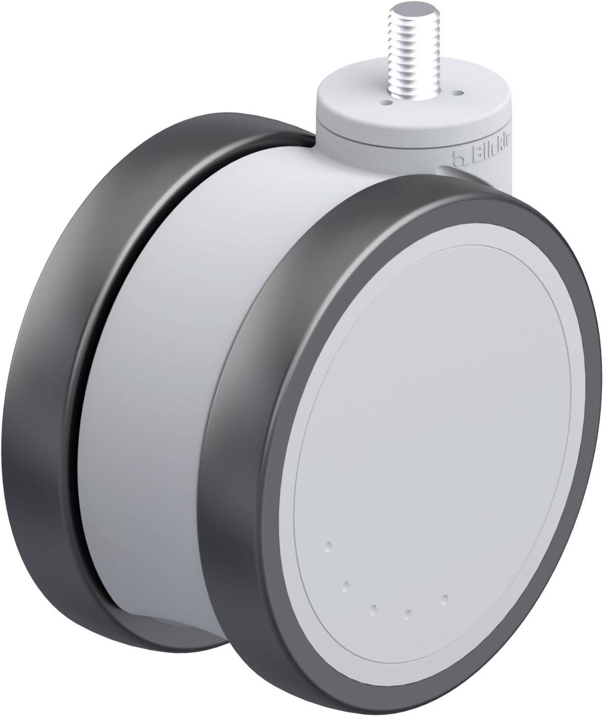 Rundes, graues Wheel-Urad mit schwarzem Rand und einem Gewindebolzen, geeignet für Möbel oder Geräte zur Mobilitätserhöhung.