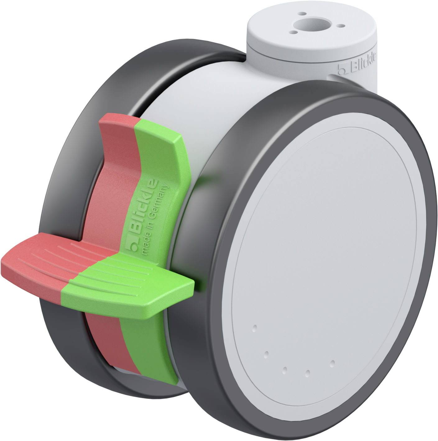 Ein graues Kunststoffrad mit zwei farbigen Hebeln, rot und grün, die zur Steuerung oder Befestigung dienen.