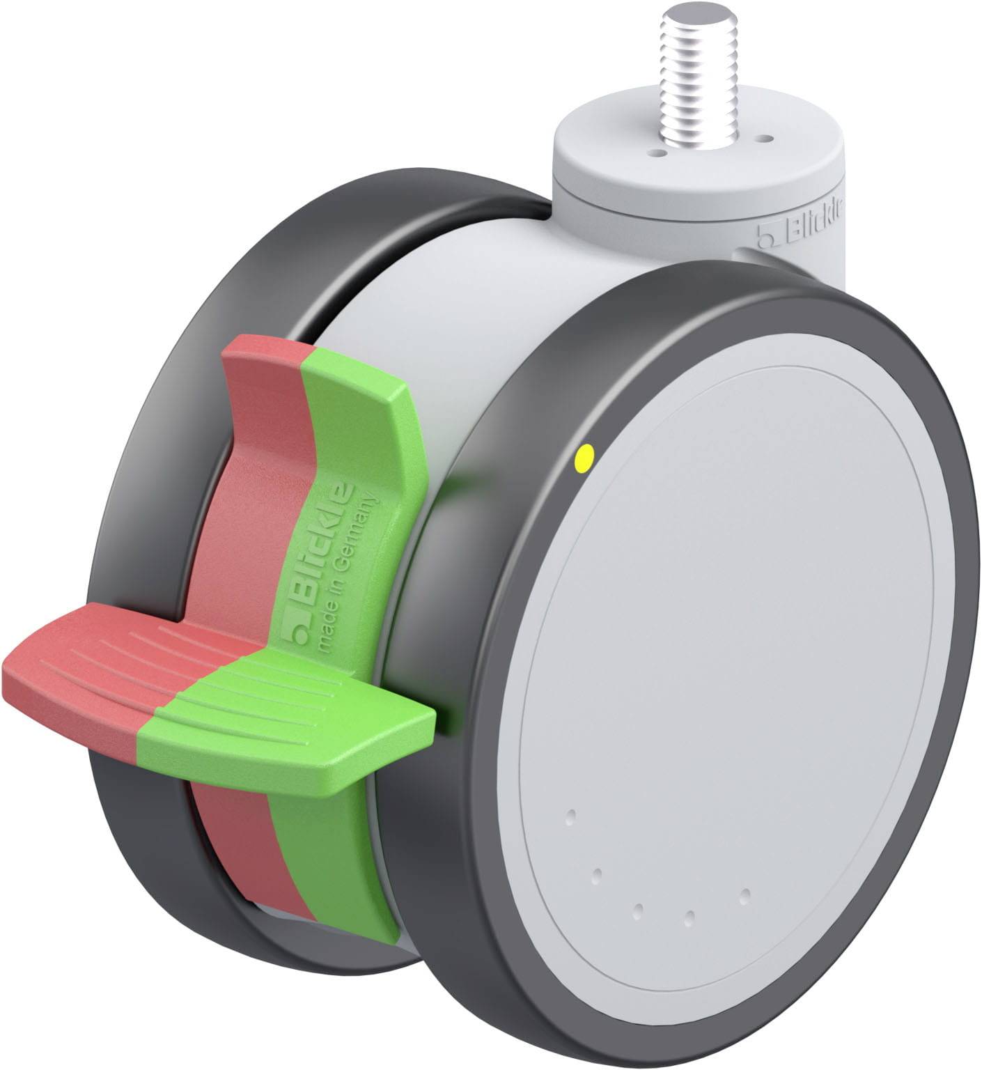 Industrie-Rolle mit Metallkern; seitlicher roter und grüner Hebel zur Bremseinstellung; graues Gehäuse mit schwarzem Rand.