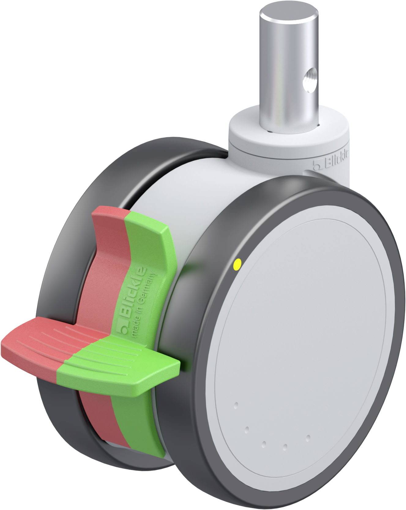 Industrie-Rolle mit grauem Gehäuse, zwei Bremshebeln in Rot und Grün für Sperren und Lösen, zylindrische Metallachse oben.