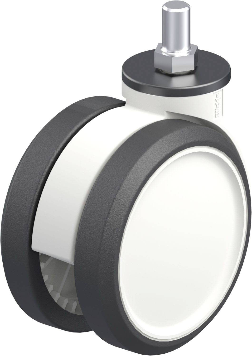 Doppelrolle mit schwarzem Rand und weißem, glattem Kern, mit einem oberen Metallbolzen zur Befestigung.