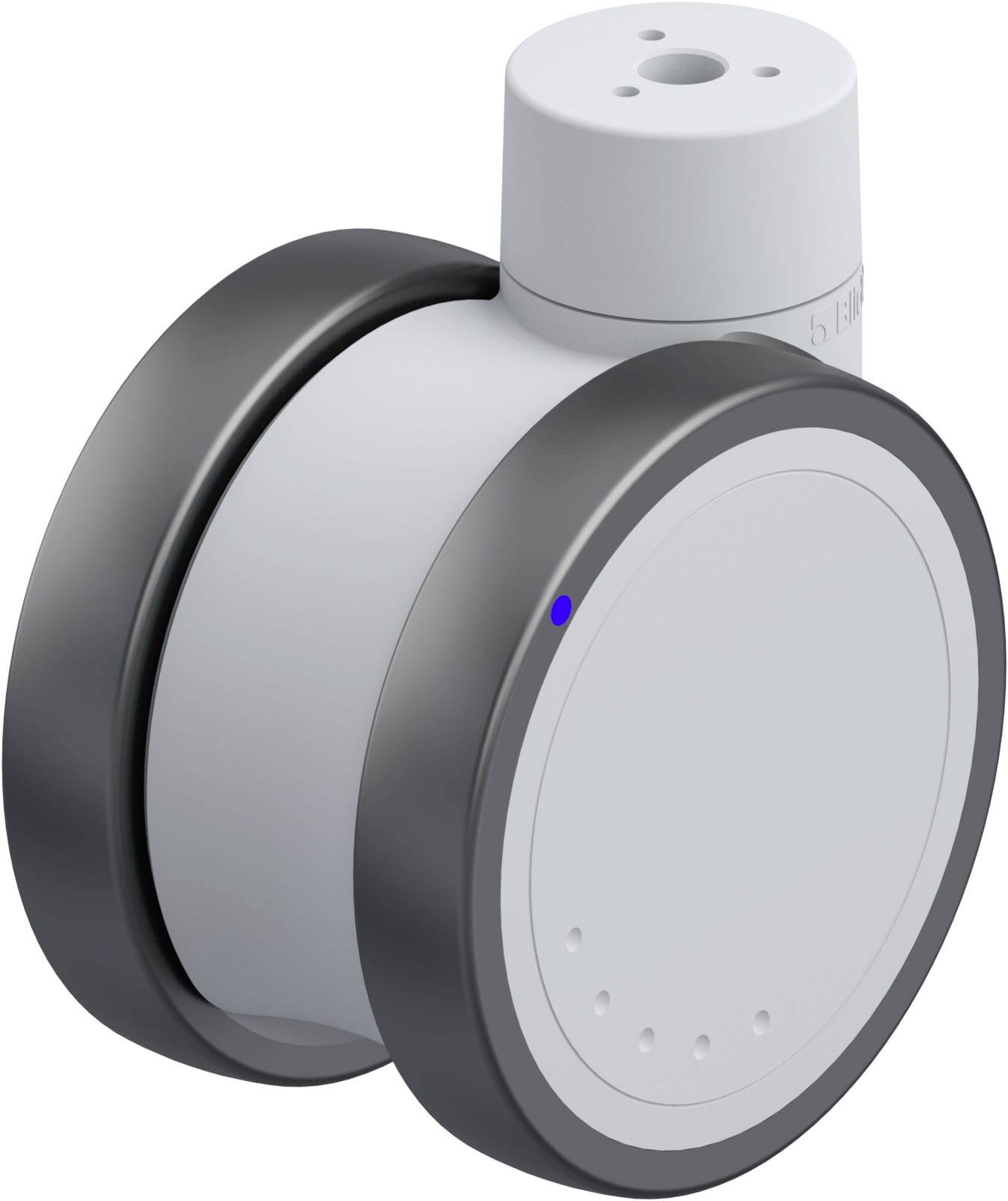 Ein grauer Zylinder mit zwei schwarzen Seitenringen und einem kleinen blauen Licht an der Seite, möglicherweise ein technisches Gerät.