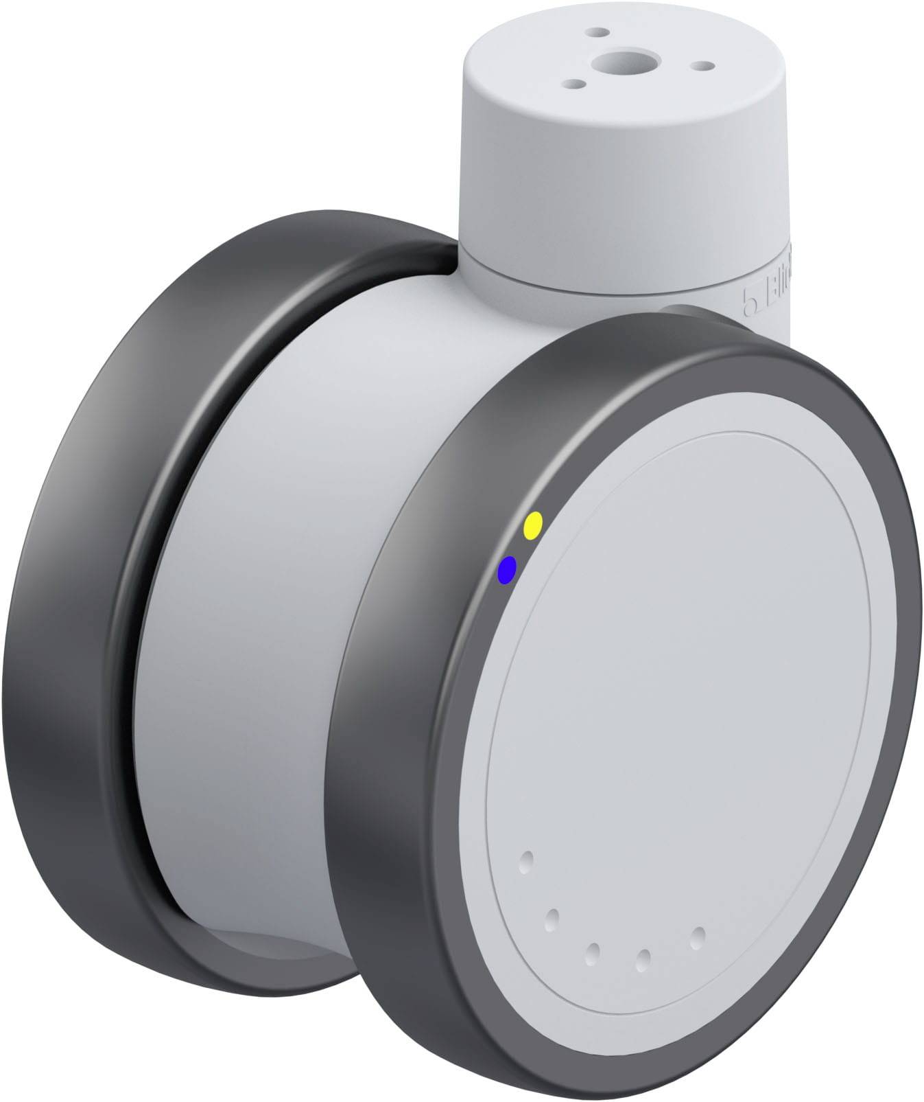 Ein weißer zylindrischer Sensor mit schwarzem Rand, ausgestattet mit kleinen LED-Anzeigen in Blau und Gelb, auf einer Seite.