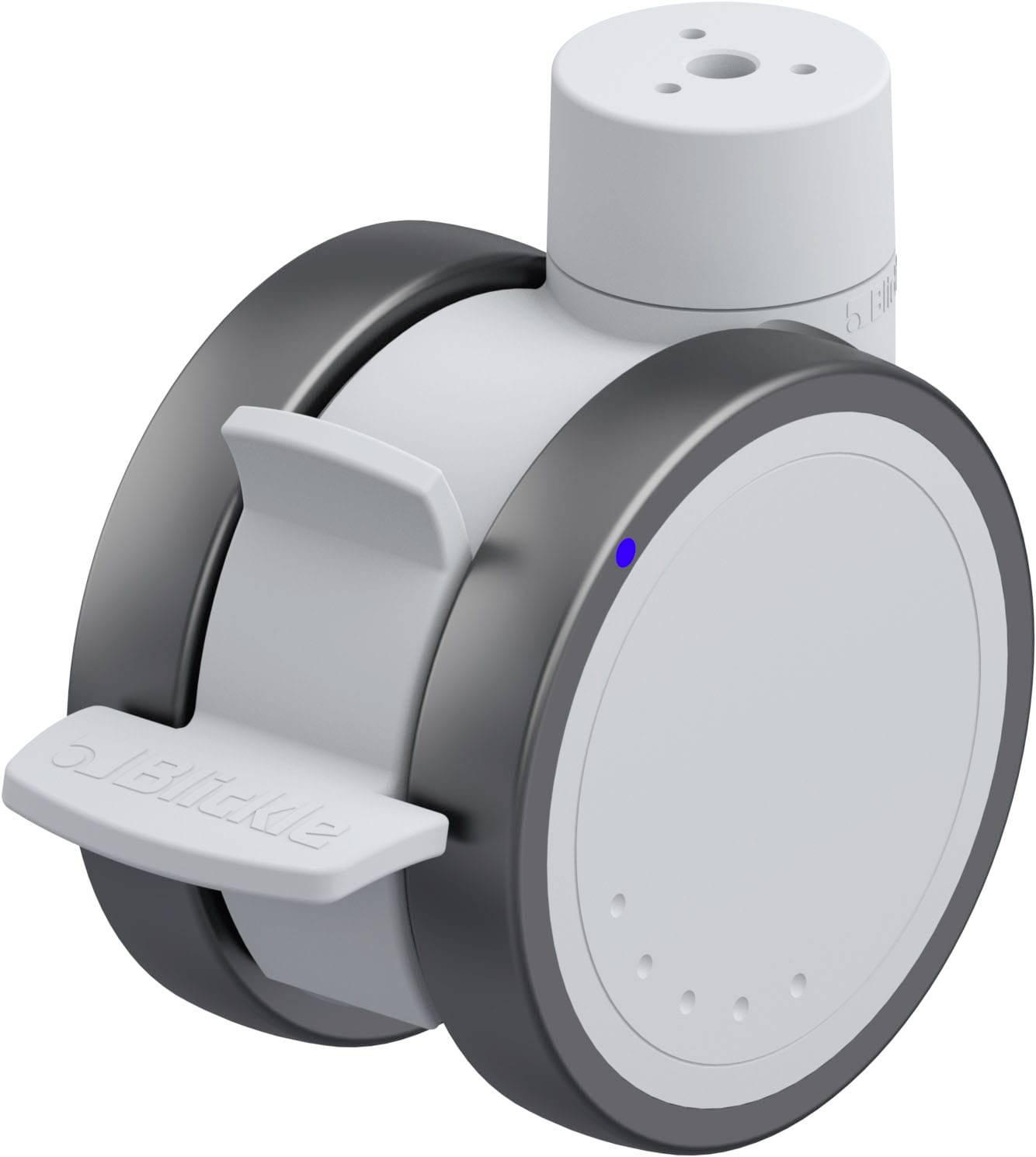 Ein runder, grauer Sensor mit Anzeigen, Knopf und Befestigungshalterung. Entworfen zur Überwachung oder Steuerung in technischen Anwendungen.