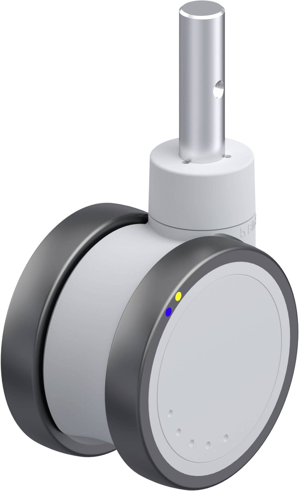 Eine graue Möblerolle mit abgerundeten Ecken und einem Metallstift zur Befestigung an Möbelstücken.